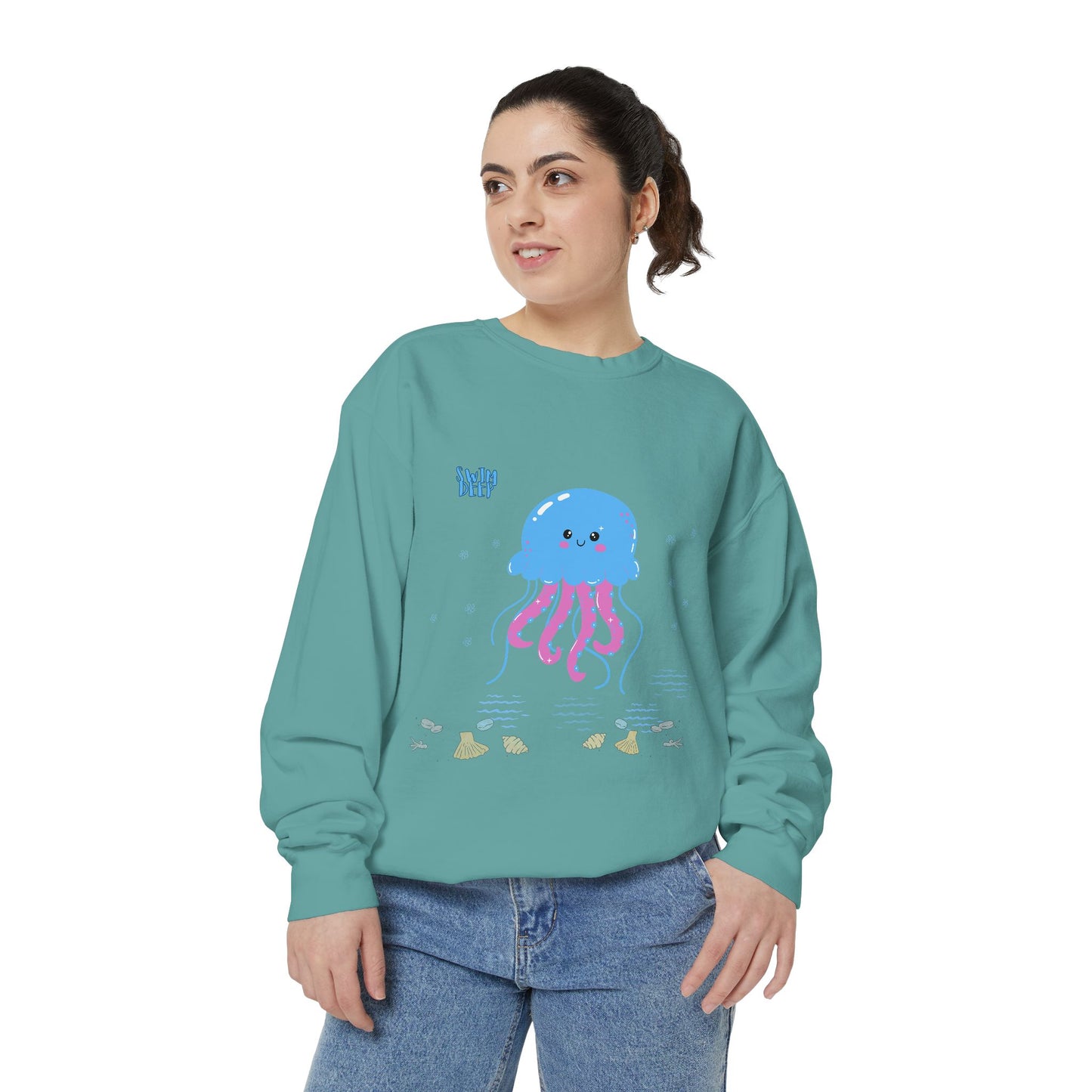 Blue jellyfish with pink tentacles Unisex Garment-Dyed Sweatshirt