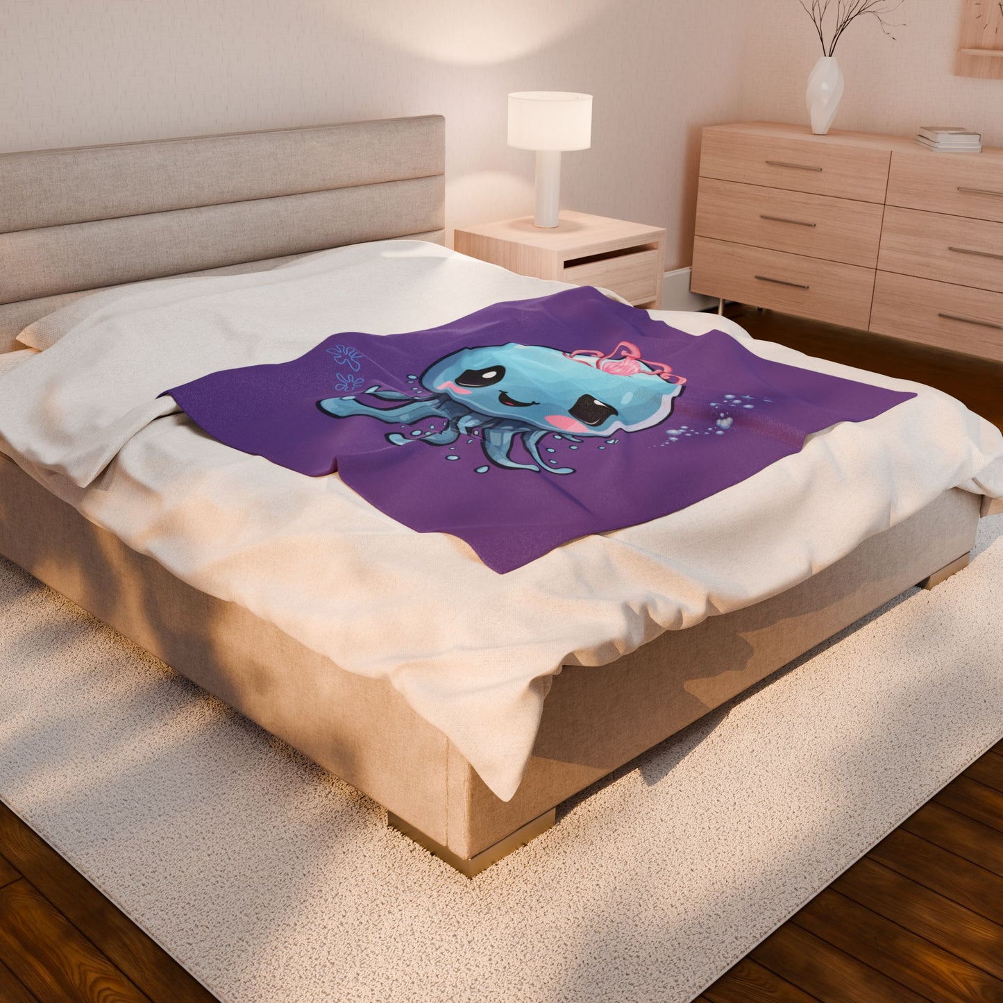 Blue jellyfish with a pink tiara Velveteen Plush Blanket