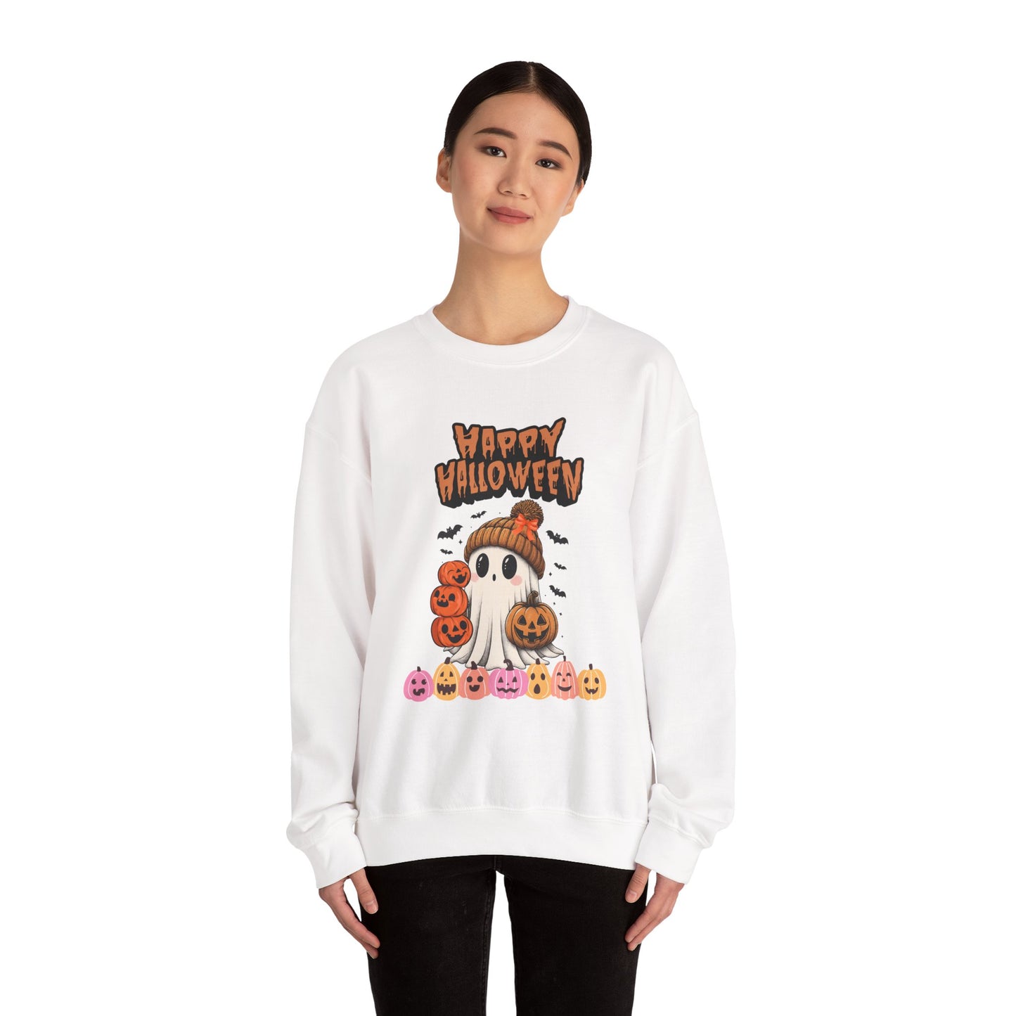 Cozy Halloween Sweatshirt, Unisex Crewneck with Ghost & Pumpkin Design, Fall Fashion, October Gifts, Spooky Season Apparel