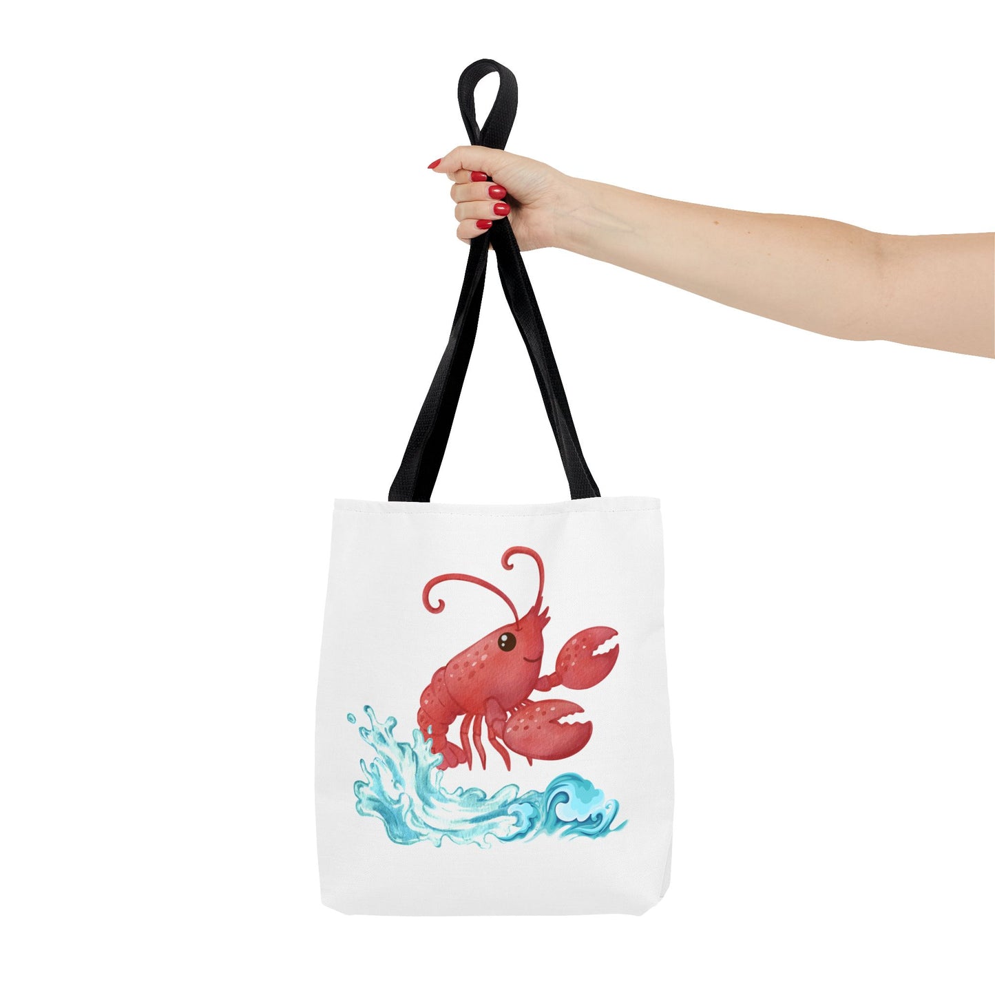Cheerful red lobster emerging from stylized blue waves Tote Bag