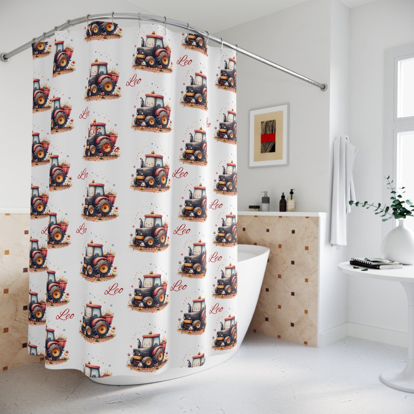 Tractor Shower Curtain — Cute Farm Kids Bathroom Decor with "Leo" Name Pattern