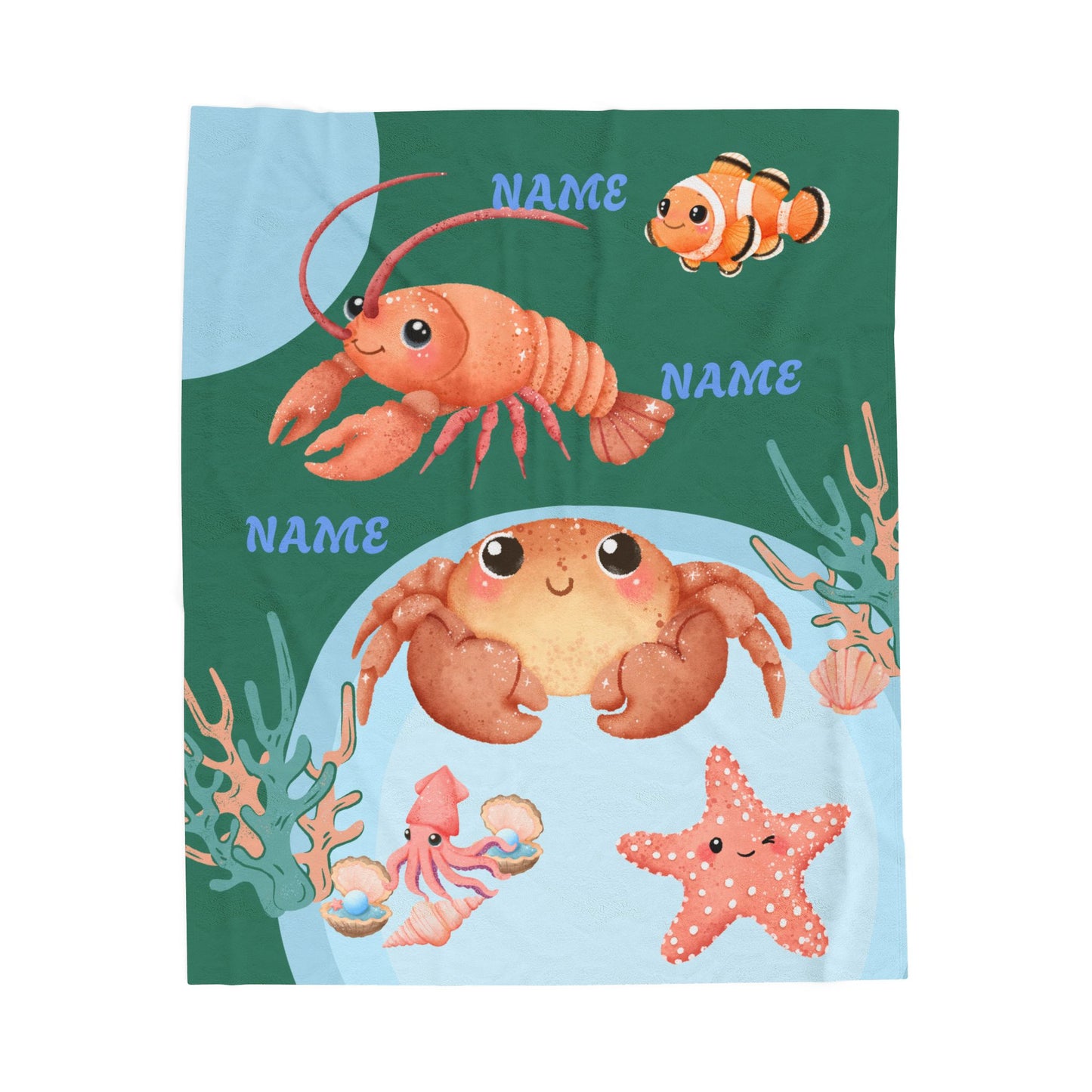 Personalized Ocean-Themed Velveteen Plush Blanket, Kids Beach Decor, Custom Name Gift, Nursery Room Accessories, Sea Life Throw