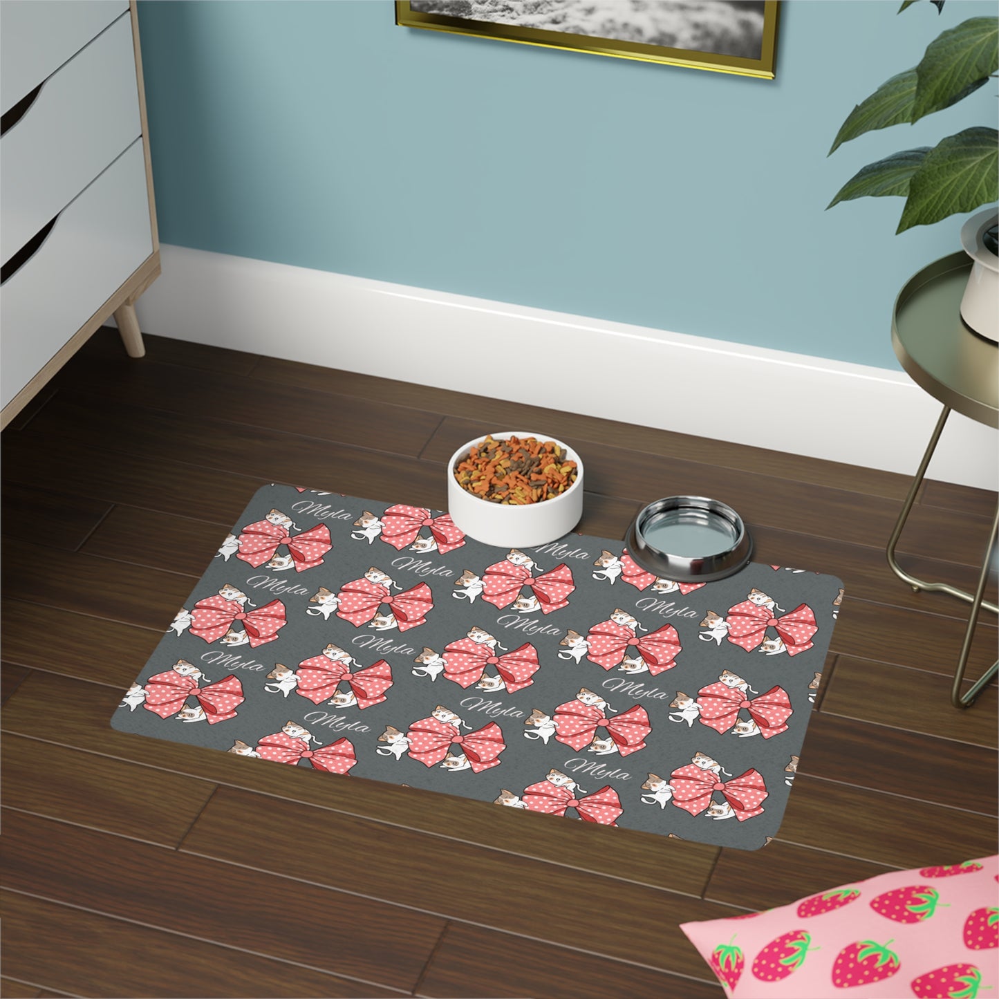 Personalized Bow Pattern Pet Food Mat – Cute Dog Placemat (12x18)