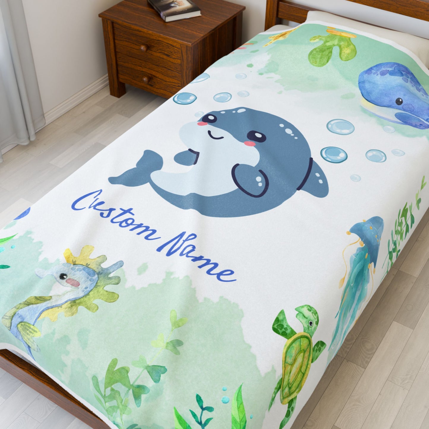 Customizable Velveteen Plush Blanket with Cute Marine Design, Ideal for Kids' Rooms, Gifts for Birthdays, Showers, and Holidays, Cozy Decor