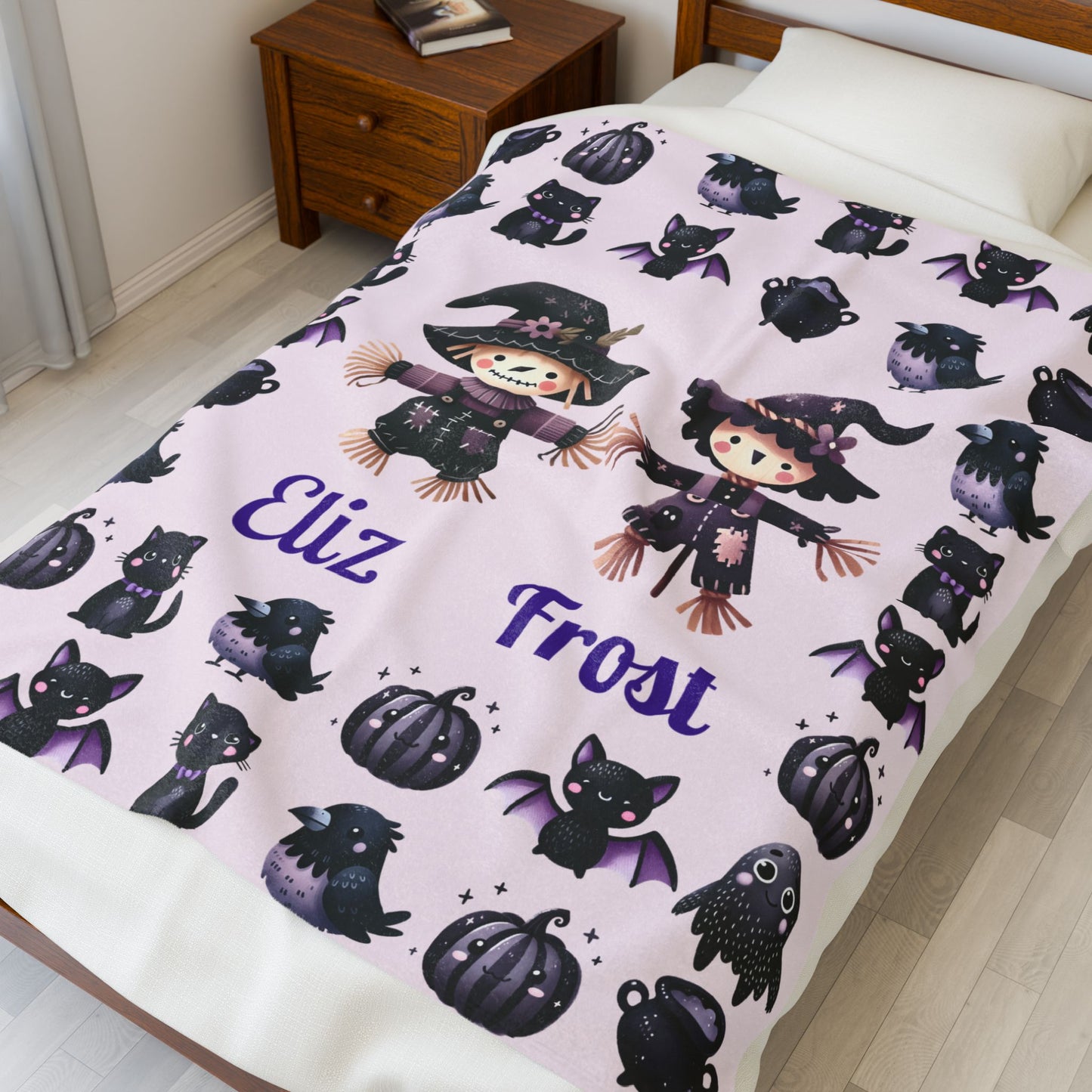 Personalized Halloween Velveteen Plush Blanket | Cozy Fall Decor, Unique Gift, Witch, Cat, Spooky Design, Kids' Bedroom, Halloween