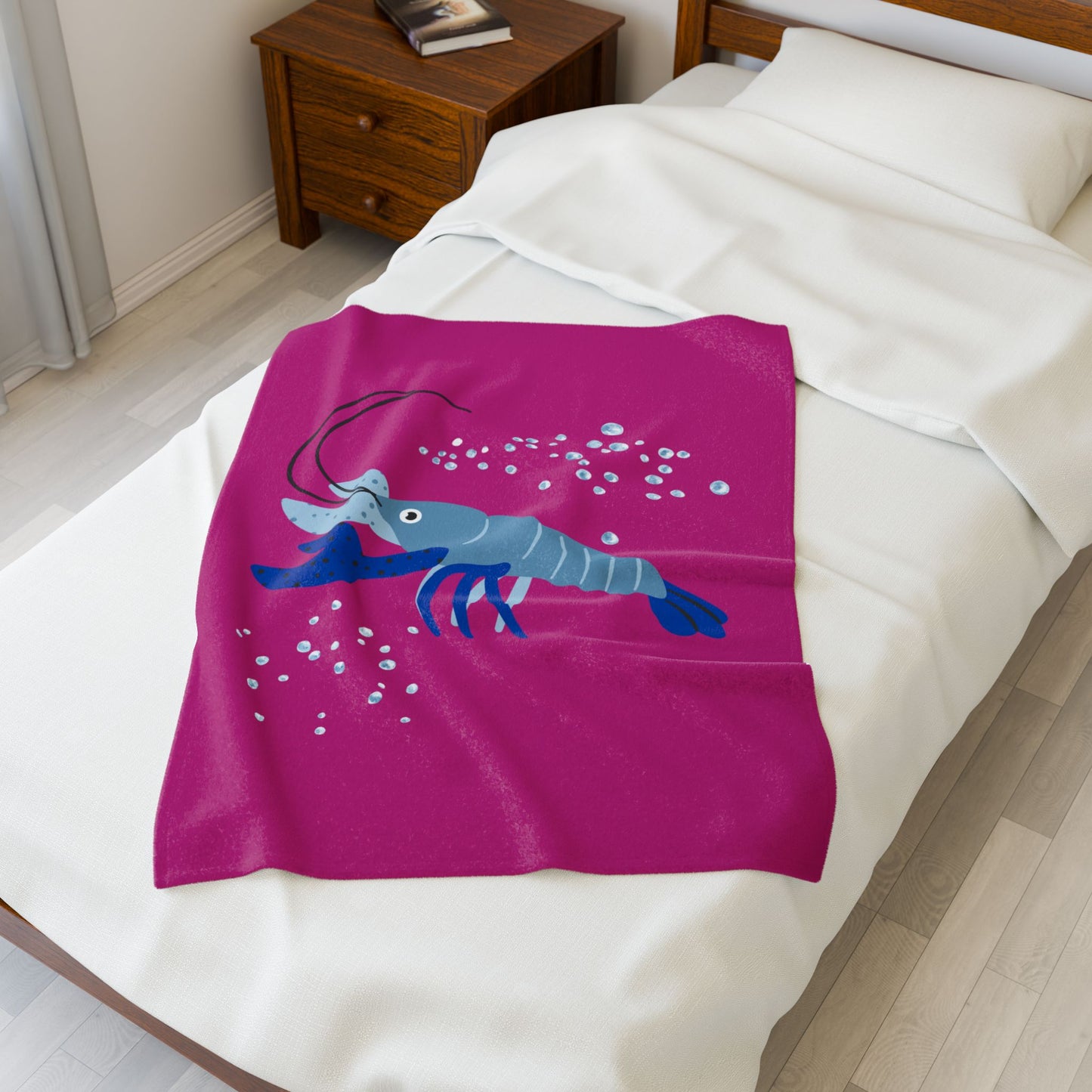 Blue shrimp with dark blue claws and bubbles Velveteen Plush Blanket
