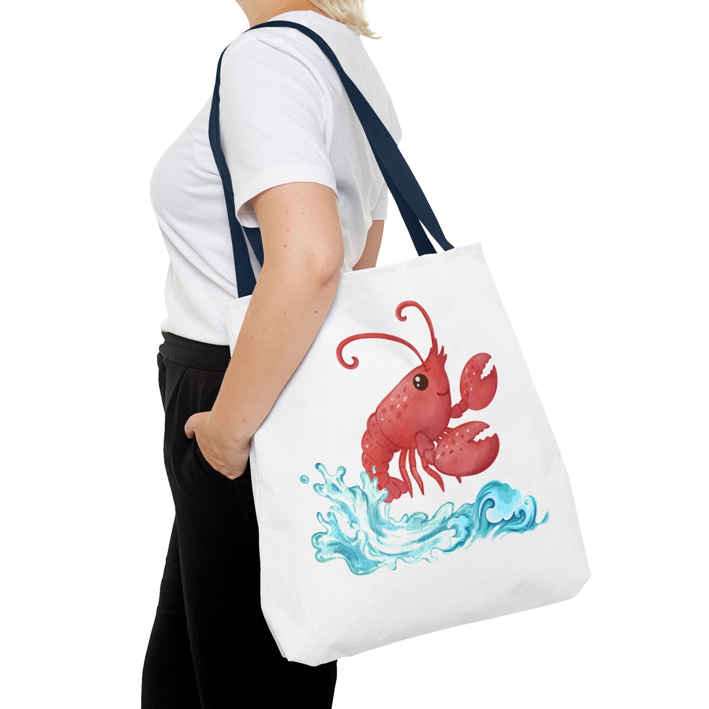 Cheerful red lobster emerging from stylized blue waves Tote Bag