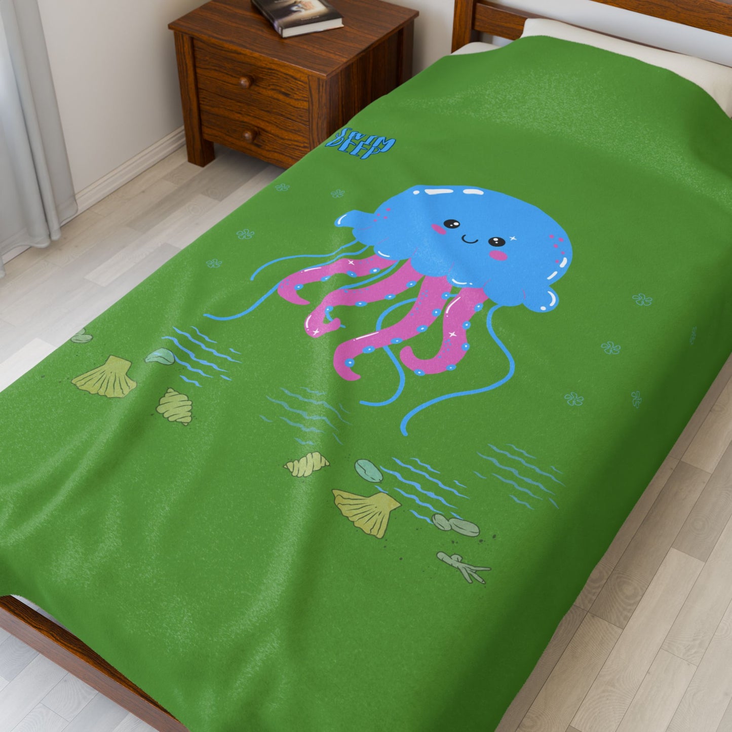 Blue jellyfish with pink tentacles Velveteen Plush Blanket