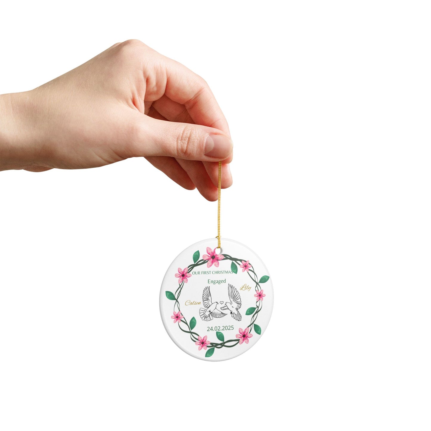 Personalized Engagement Ceramic Ornament | First Christmas Keepsake, Holiday Decor, Custom Gift, Wedding Memento, Love Decoration