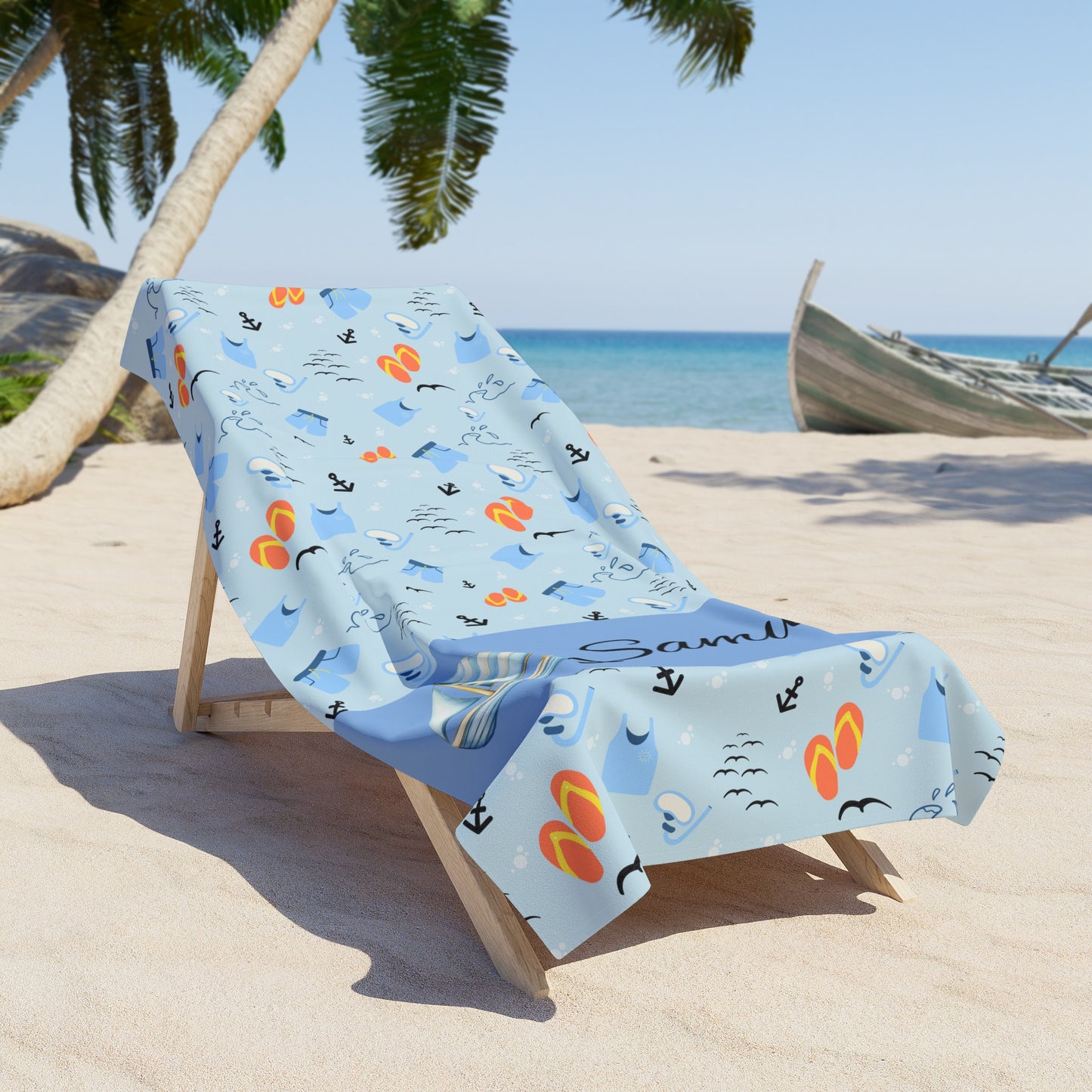 Personalized Nautical Beach Towel — Blue Sailboat Pattern with Name