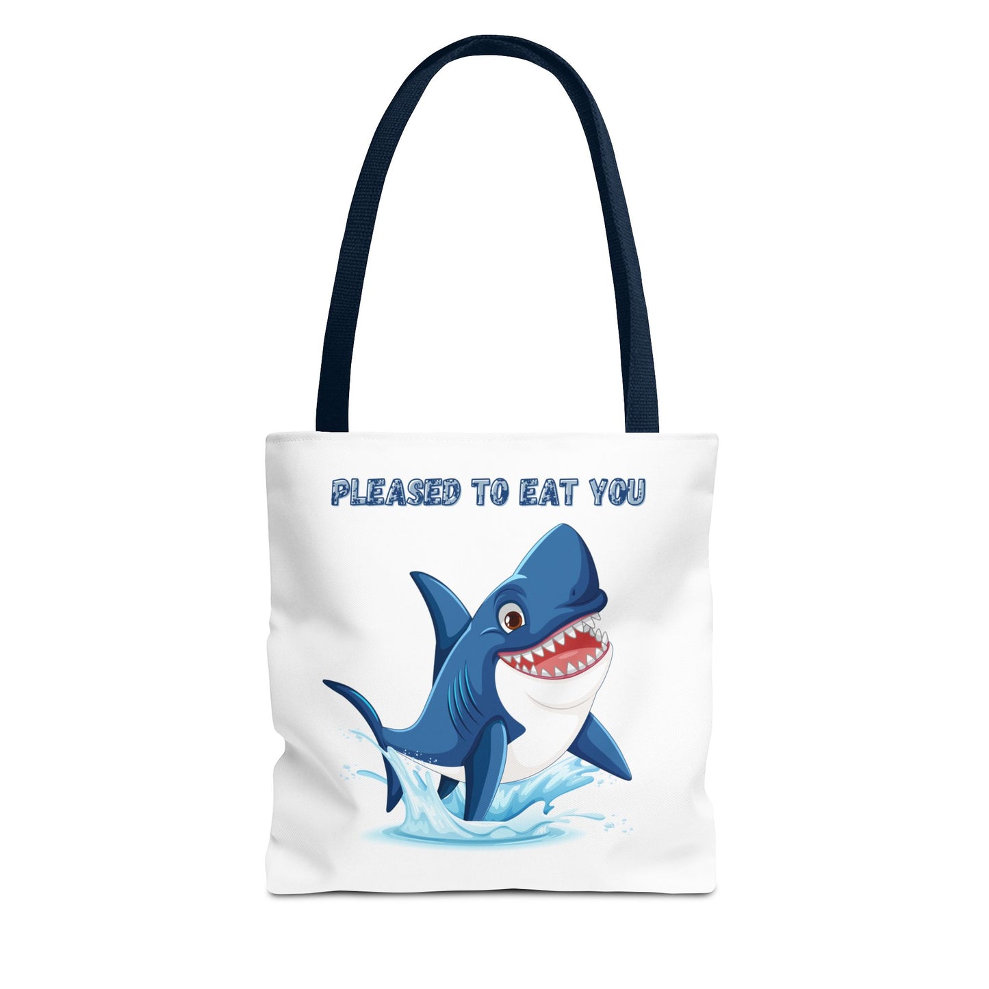 Humorous cartoon shark with threatening text Tote Bag