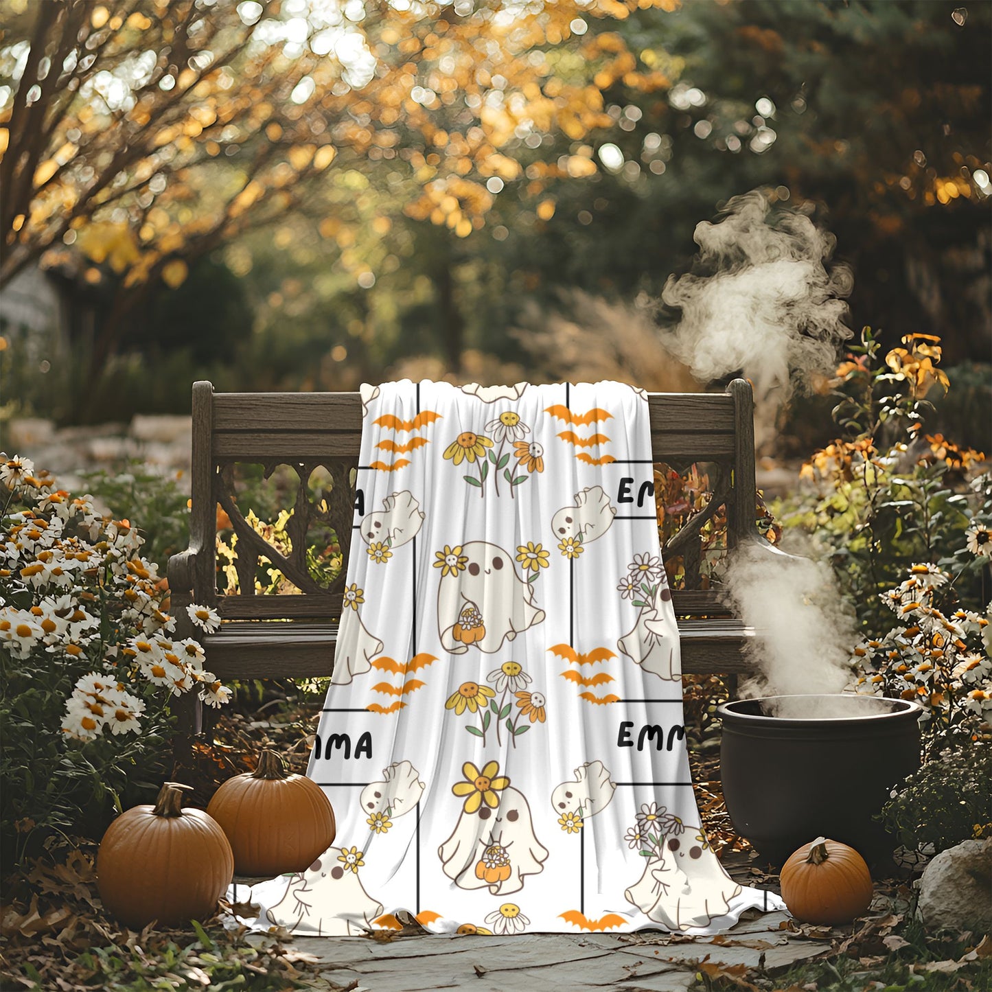 Whimsical Ghosts Velveteen Plush Blanket | Cozy Halloween Decor, Gift for Kids & Teens, Soft Plush Throw, Cute Couch Accessory
