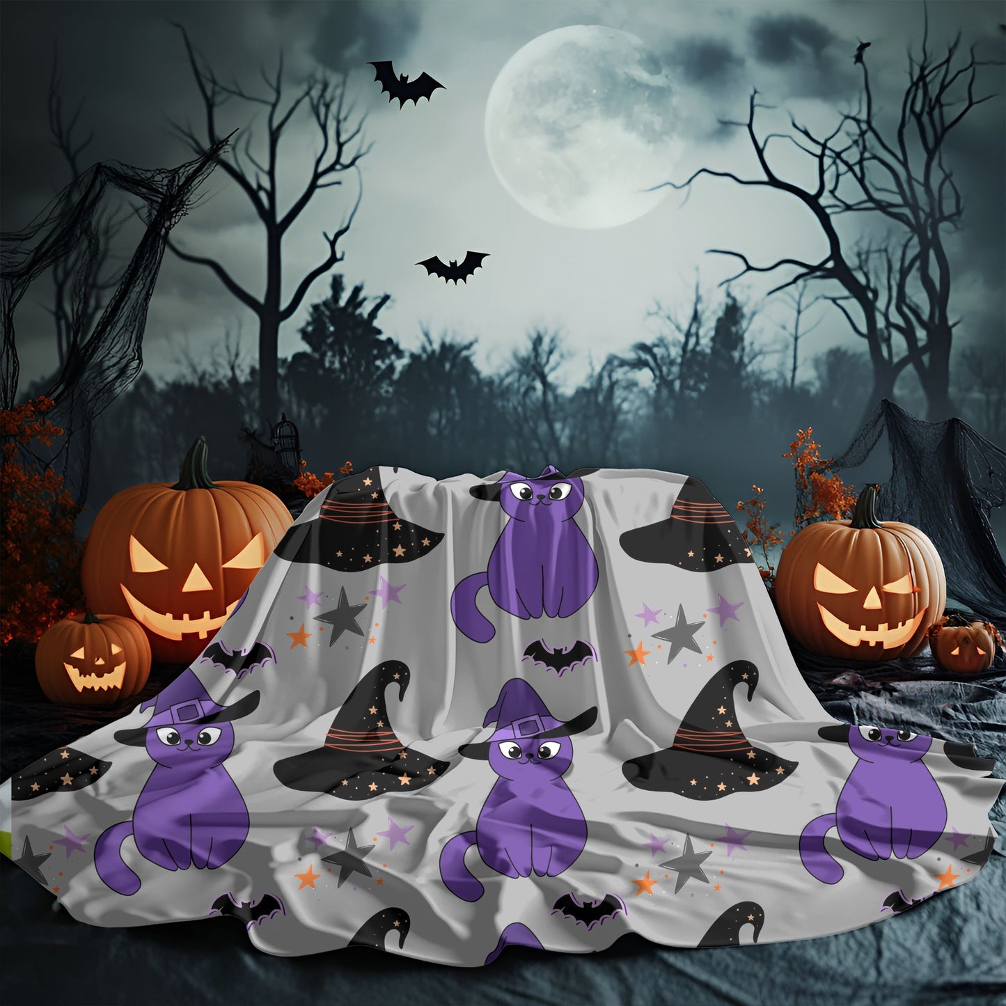 Cozy Halloween Velveteen Plush Blanket - Purple Cat Design, Soft Throw, Fall Decor, Gift for Cat Lovers, Spooky Season