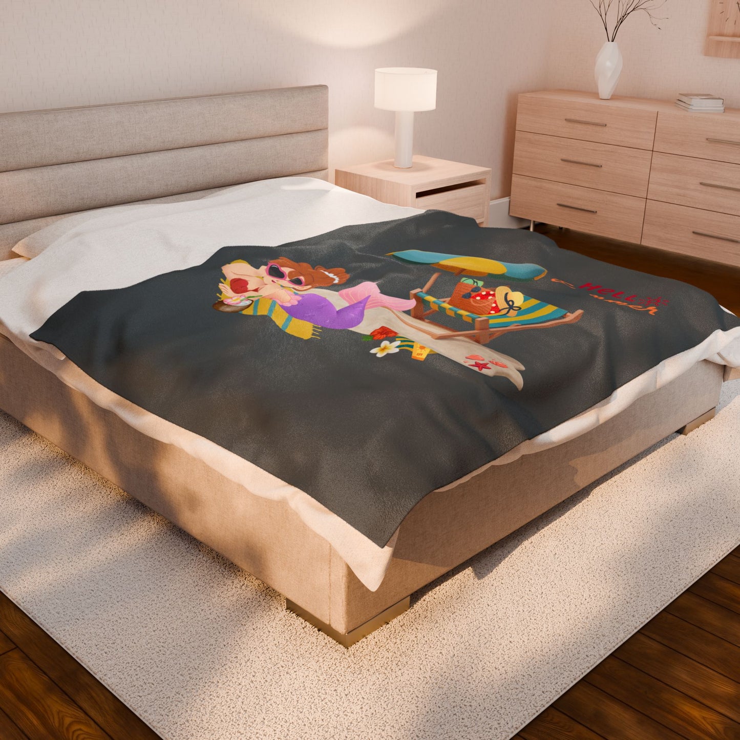 Mermaid lounging on a beach towel Velveteen Plush Blanket