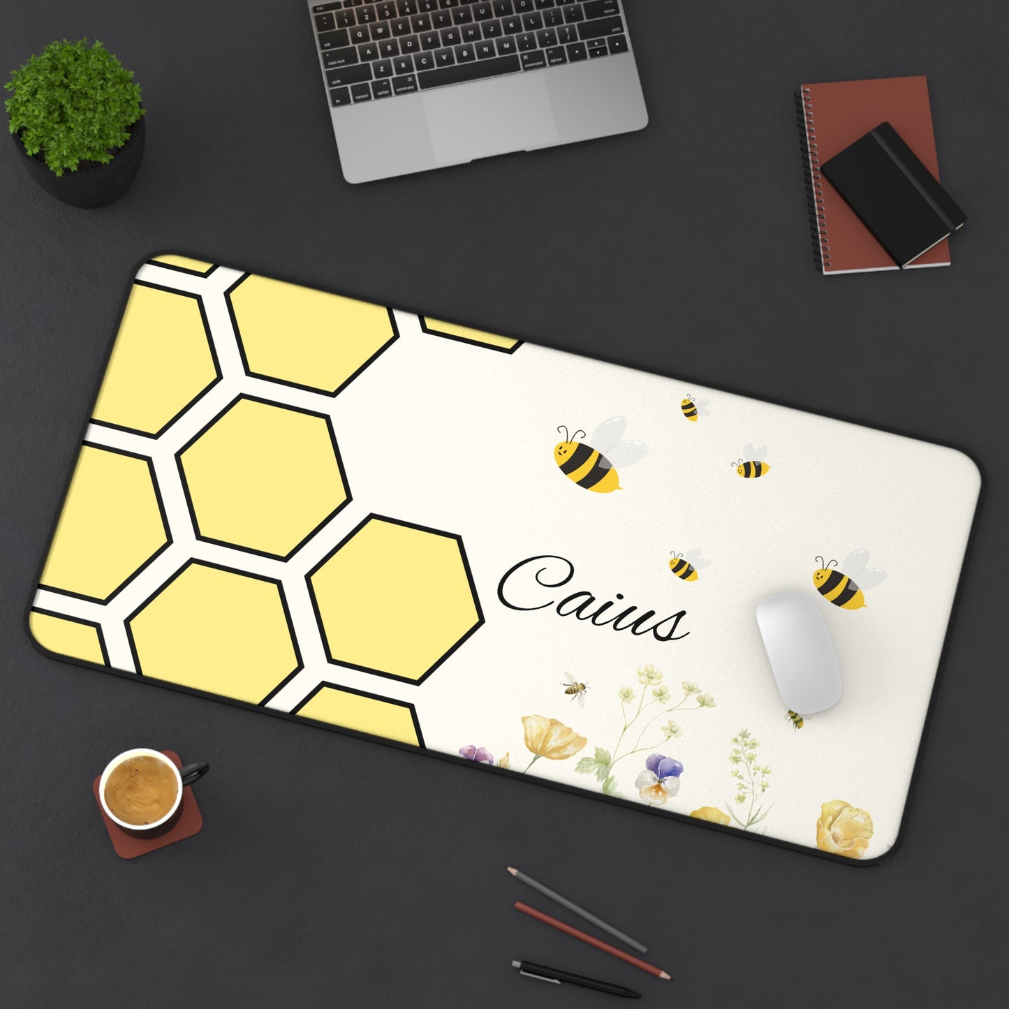 Personalized Honeycomb Desk Mat, Custom Office Decor, Bee Themed Mouse Pad, Cute Gift for Bee Lovers, Yellow Floral Desk Accessory