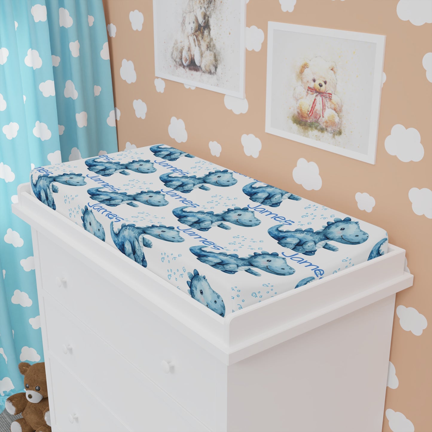 Blue Watercolor Hippo Baby Changing Pad Cover — Personalized Name Option