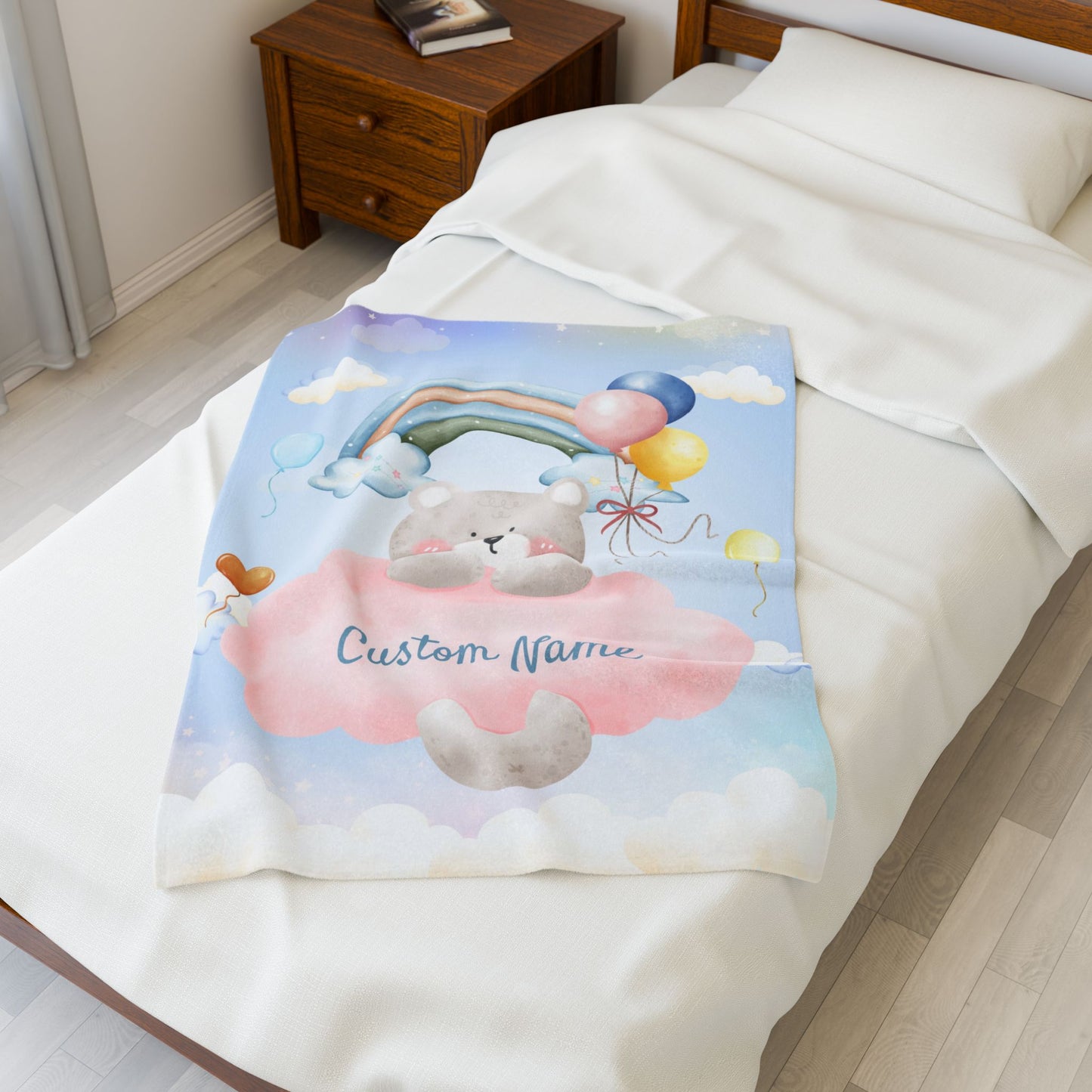 Custom Plush Blanket with Rainbow Bear Design, Soft Throw Blanket, Cozy Baby Blanket, Personalized Gift, Cute Nursery Decor