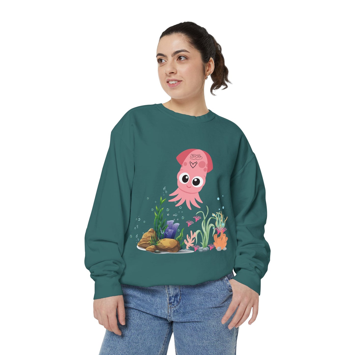 Pink squid cartoon with love Unisex Garment-Dyed Sweatshirt