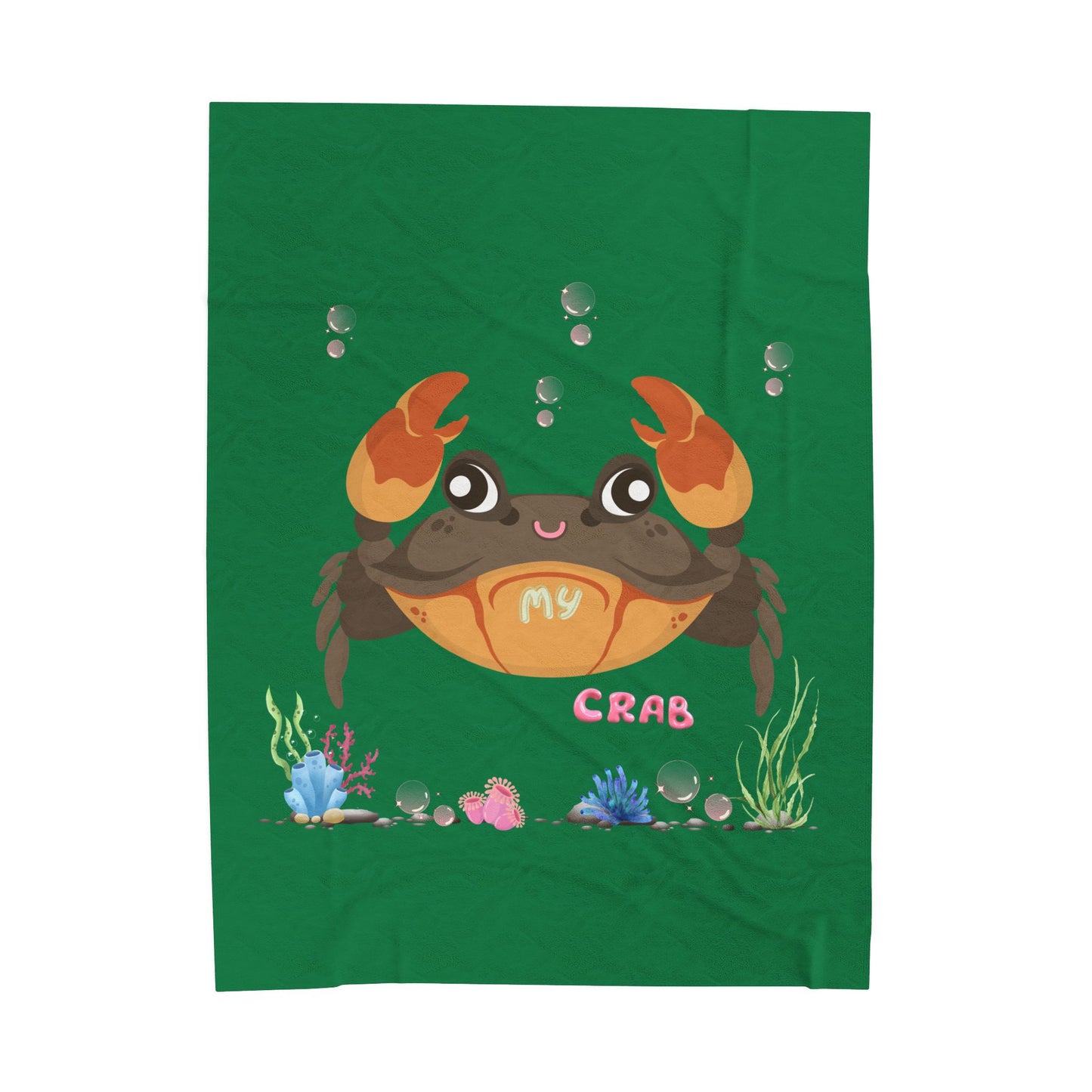 Crab with subtle bubbles and underwater flora Velveteen Plush Blanket