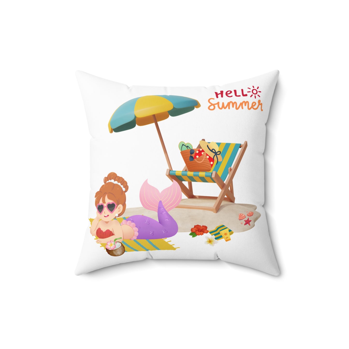 Mermaid lounging on a beach towel Spun Polyester Square Pillow