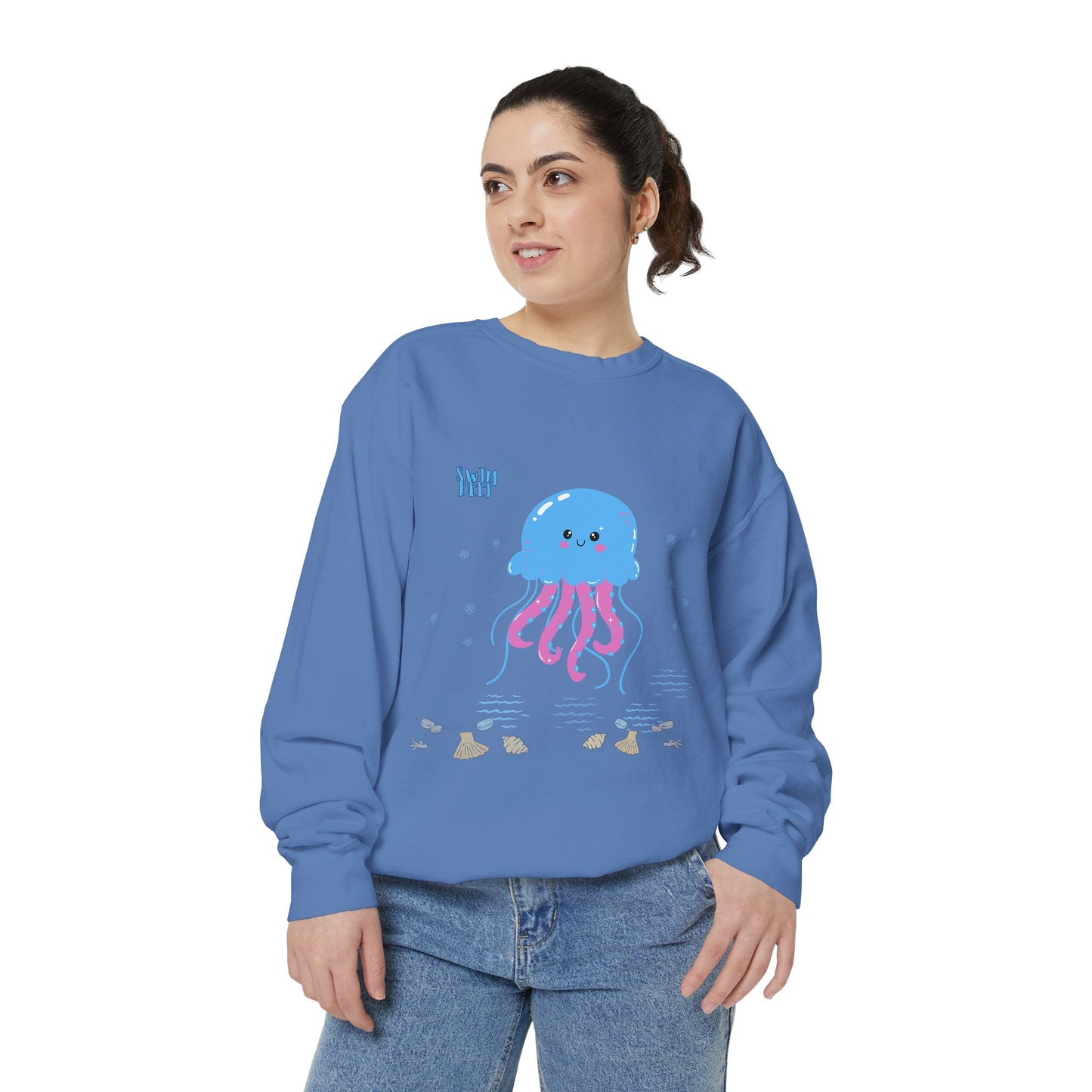 Blue jellyfish with pink tentacles Unisex Garment-Dyed Sweatshirt