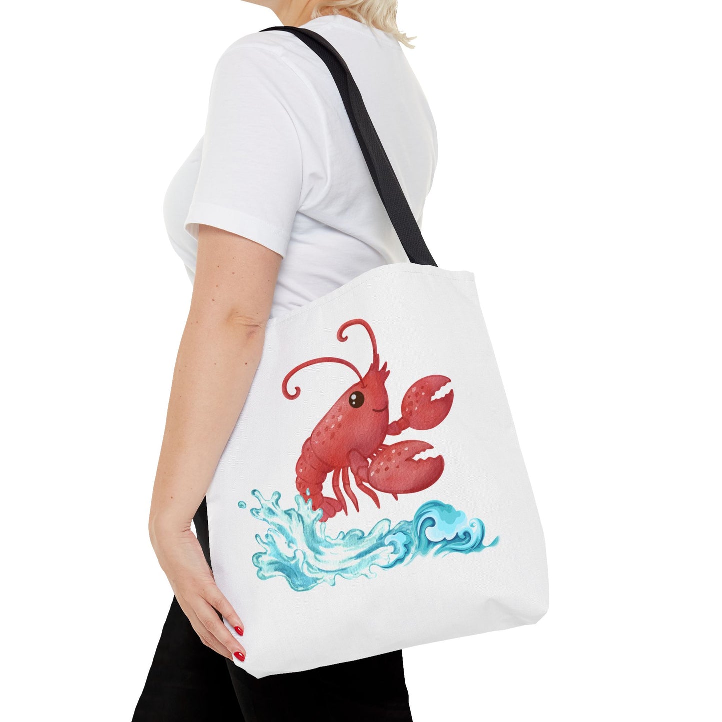 Cheerful red lobster emerging from stylized blue waves Tote Bag