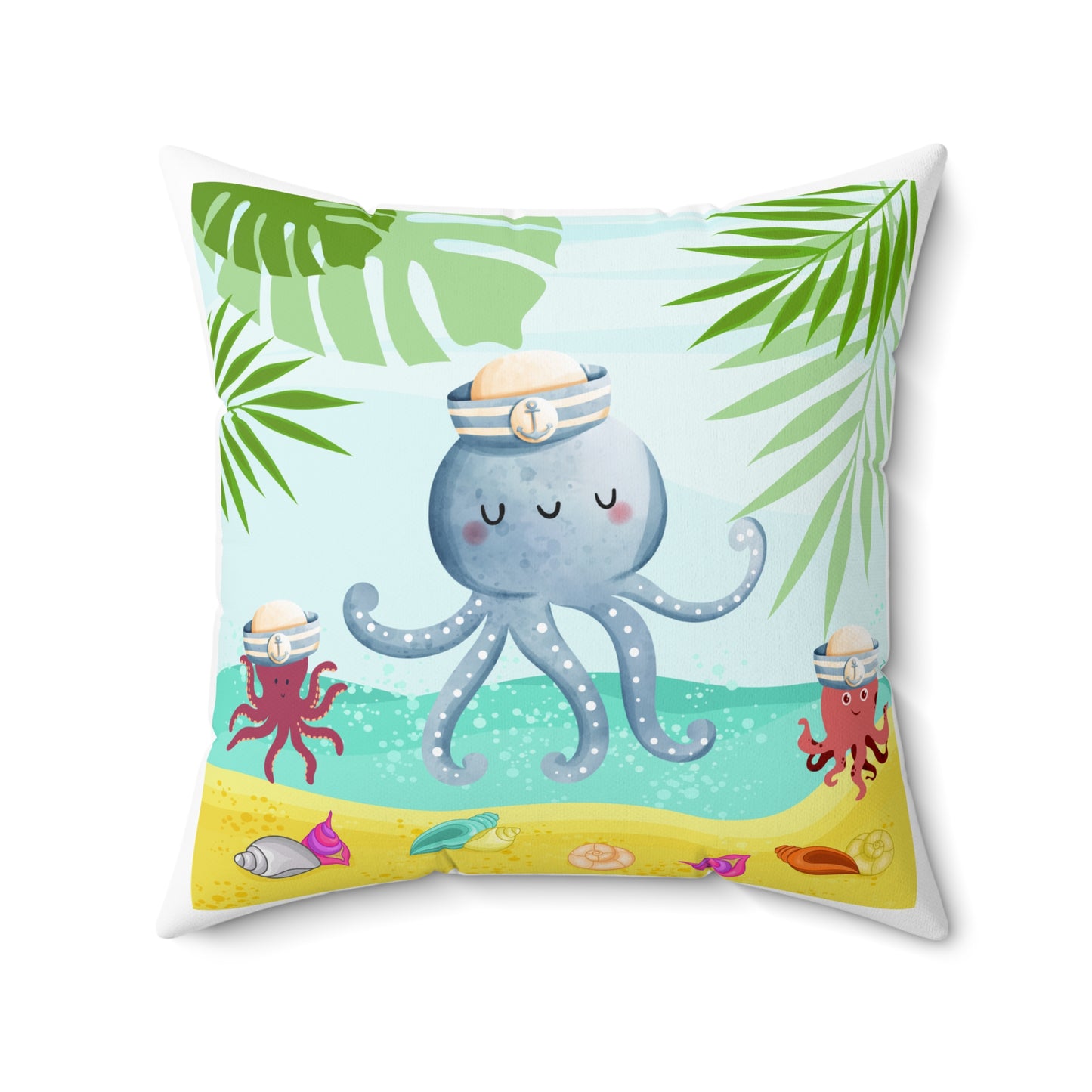 Octopus on a beach scene with tropical Spun Polyester Square Pillow