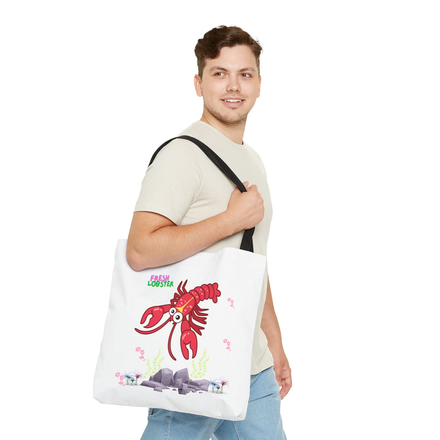 Friendly red lobster big eyes and yellow strip Tote Bag