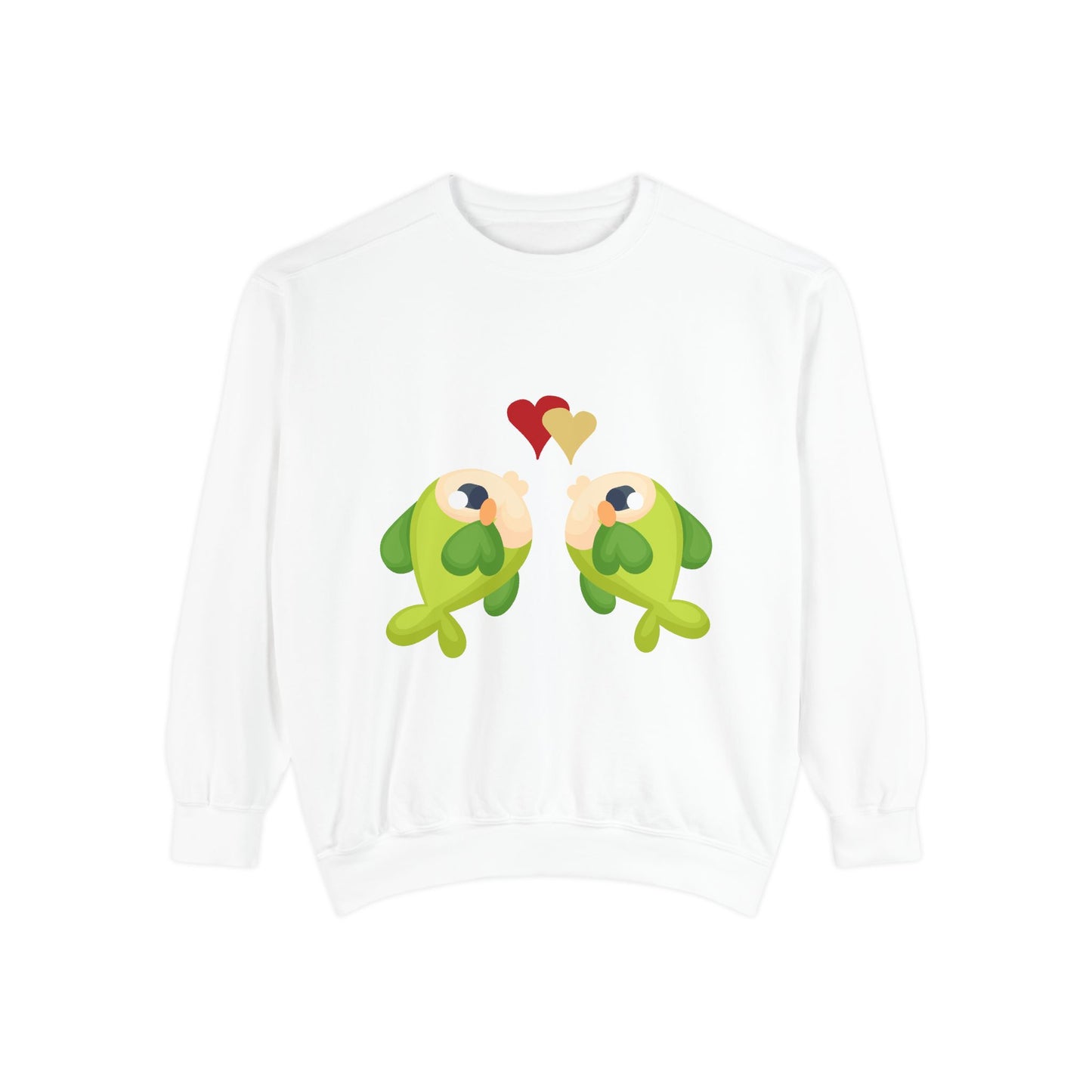 Two hearts float between the fish one red and one yellow Unisex Garment-Dyed Sweatshirt