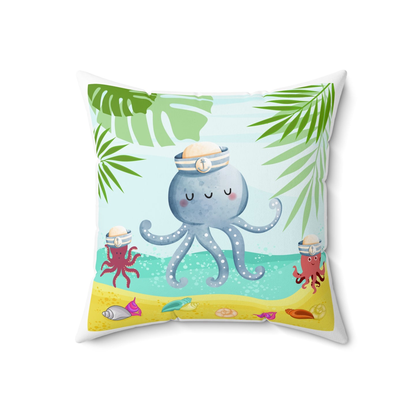 Octopus on a beach scene with tropical Spun Polyester Square Pillow