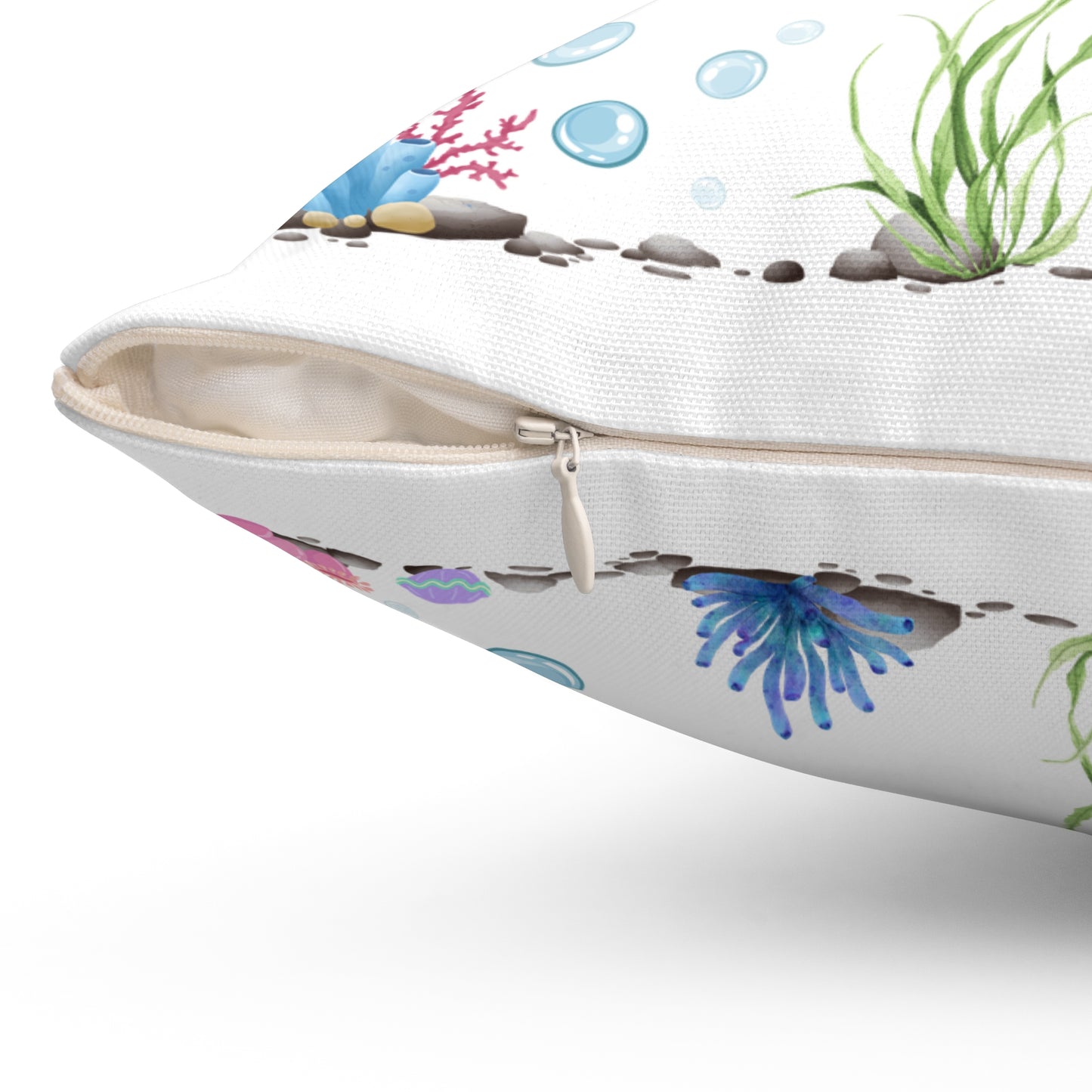Manta ray with bubbles and coral reef Spun Polyester Square Pillow