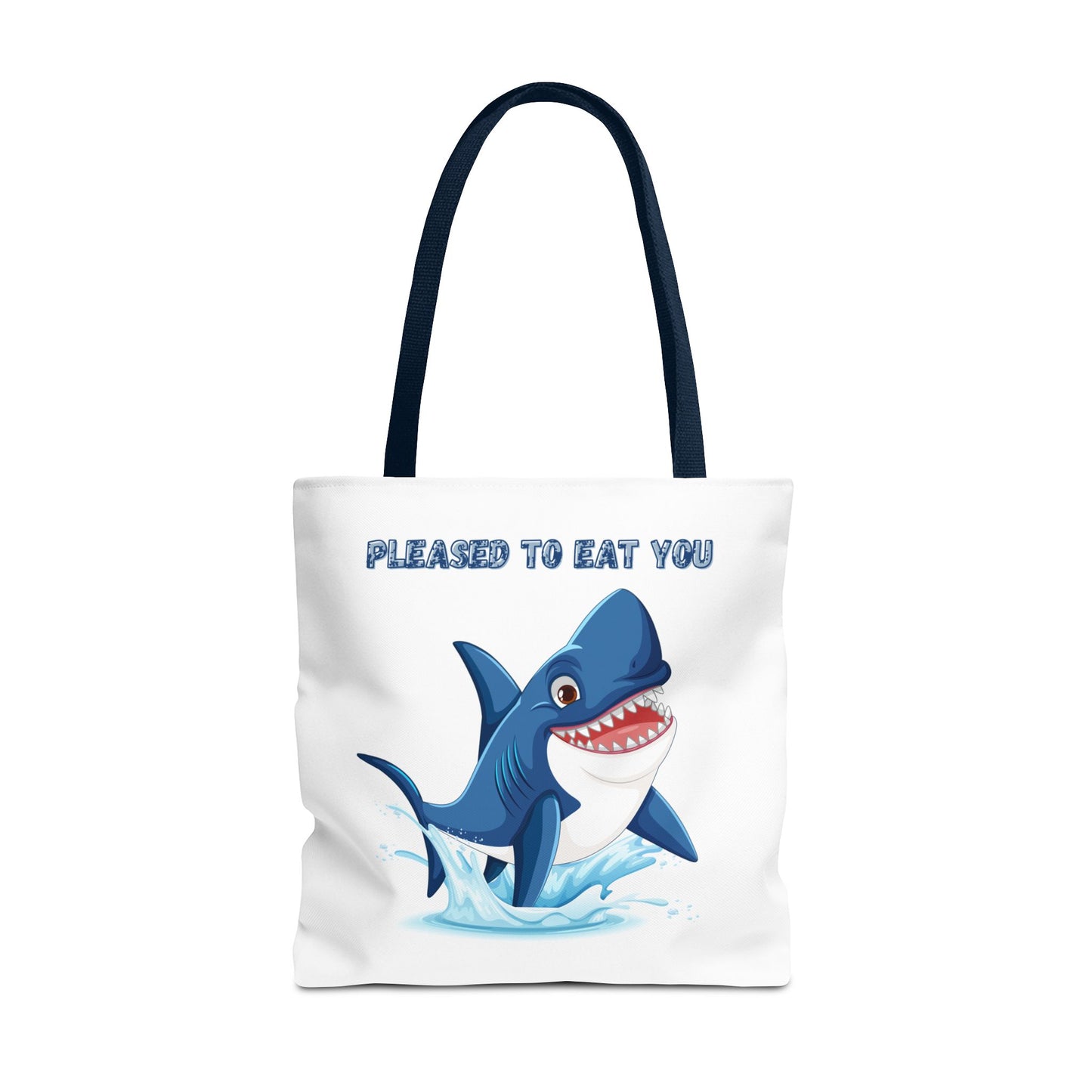 Humorous cartoon shark with threatening text Tote Bag