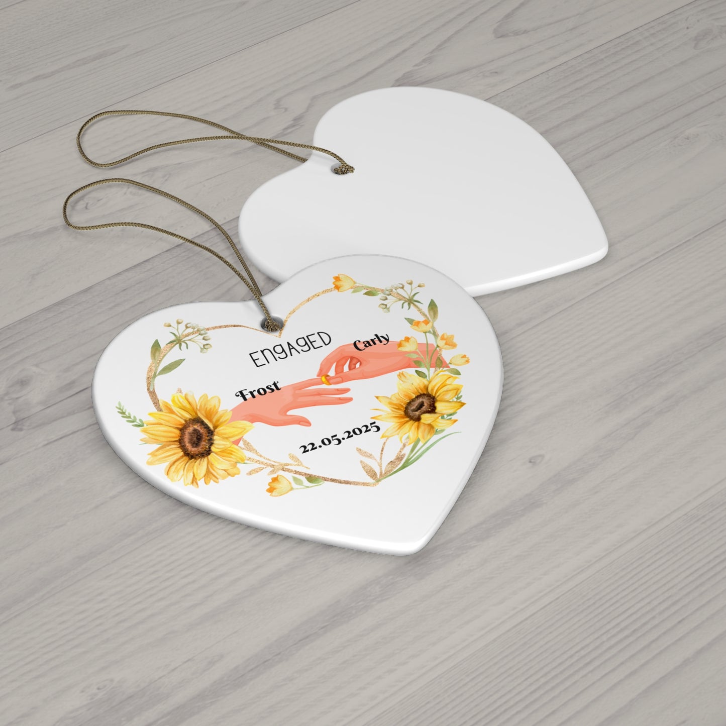 Engaged Couple Ceramic Ornament, Heart-Shaped Decor, Custom Wedding Keepsake, Floral Engagement Gift, Personalized Holiday Decoration