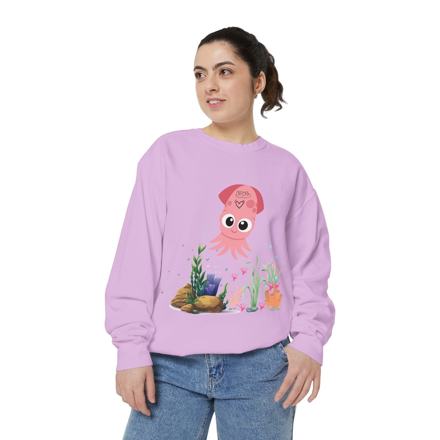 Pink squid cartoon with love Unisex Garment-Dyed Sweatshirt