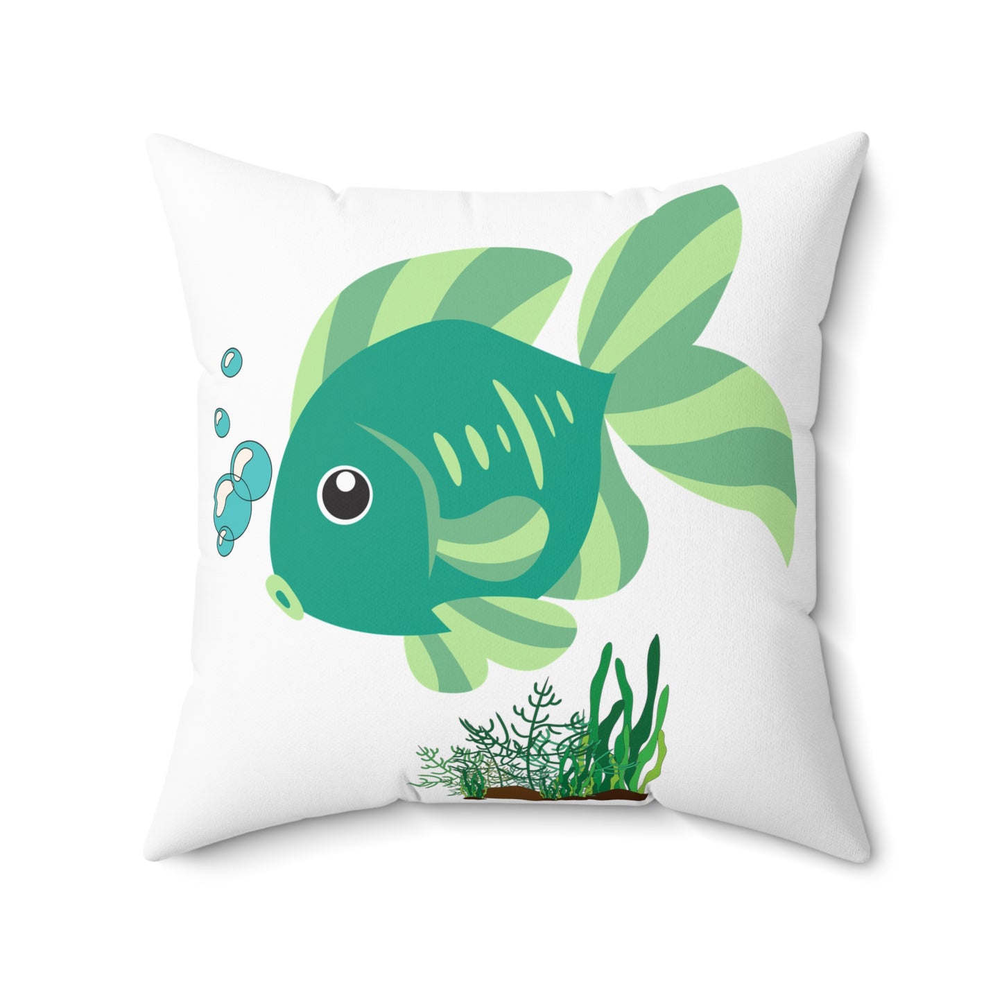 Green fish with bubbles and aquatic plants Spun Polyester Square Pillow
