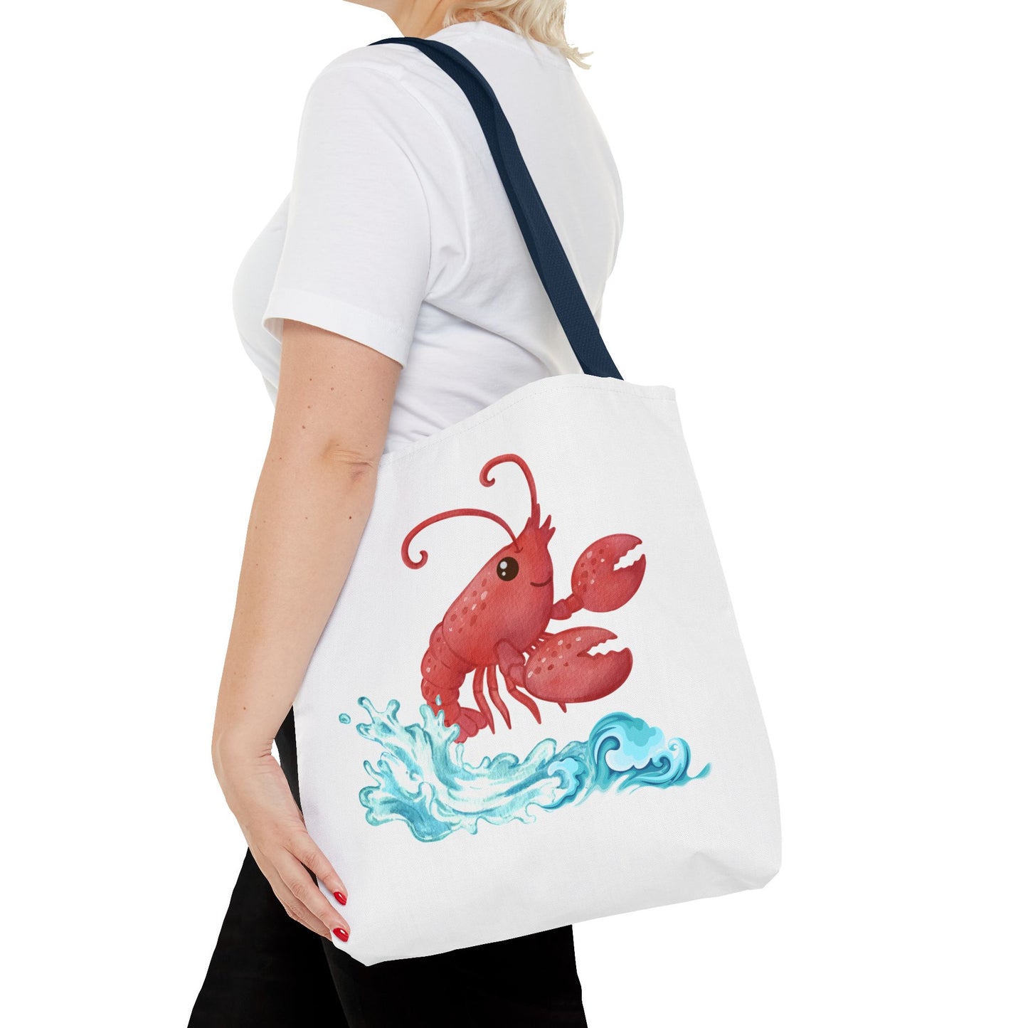 Cheerful red lobster emerging from stylized blue waves Tote Bag