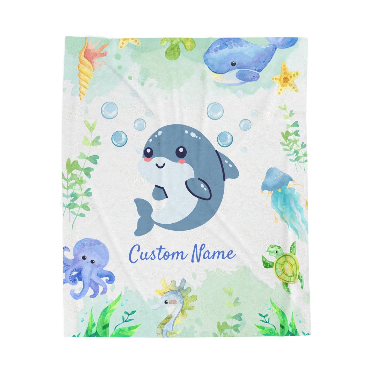 Customizable Velveteen Plush Blanket with Cute Marine Design, Ideal for Kids' Rooms, Gifts for Birthdays, Showers, and Holidays, Cozy Decor