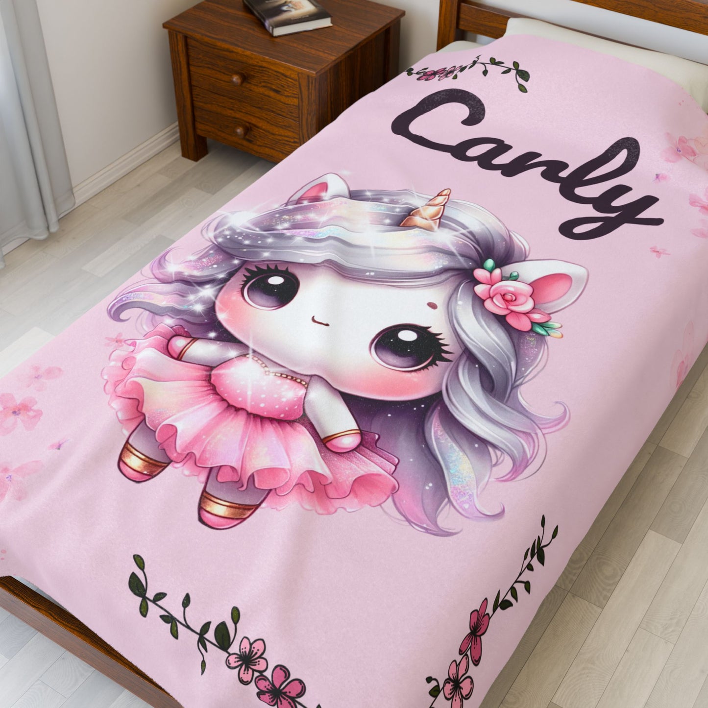 Customized Unicorn Velveteen Plush Blanket, Kid's Gift, Nursery Decor, Cozy Throw, Personalized Blanket, Birthday Present