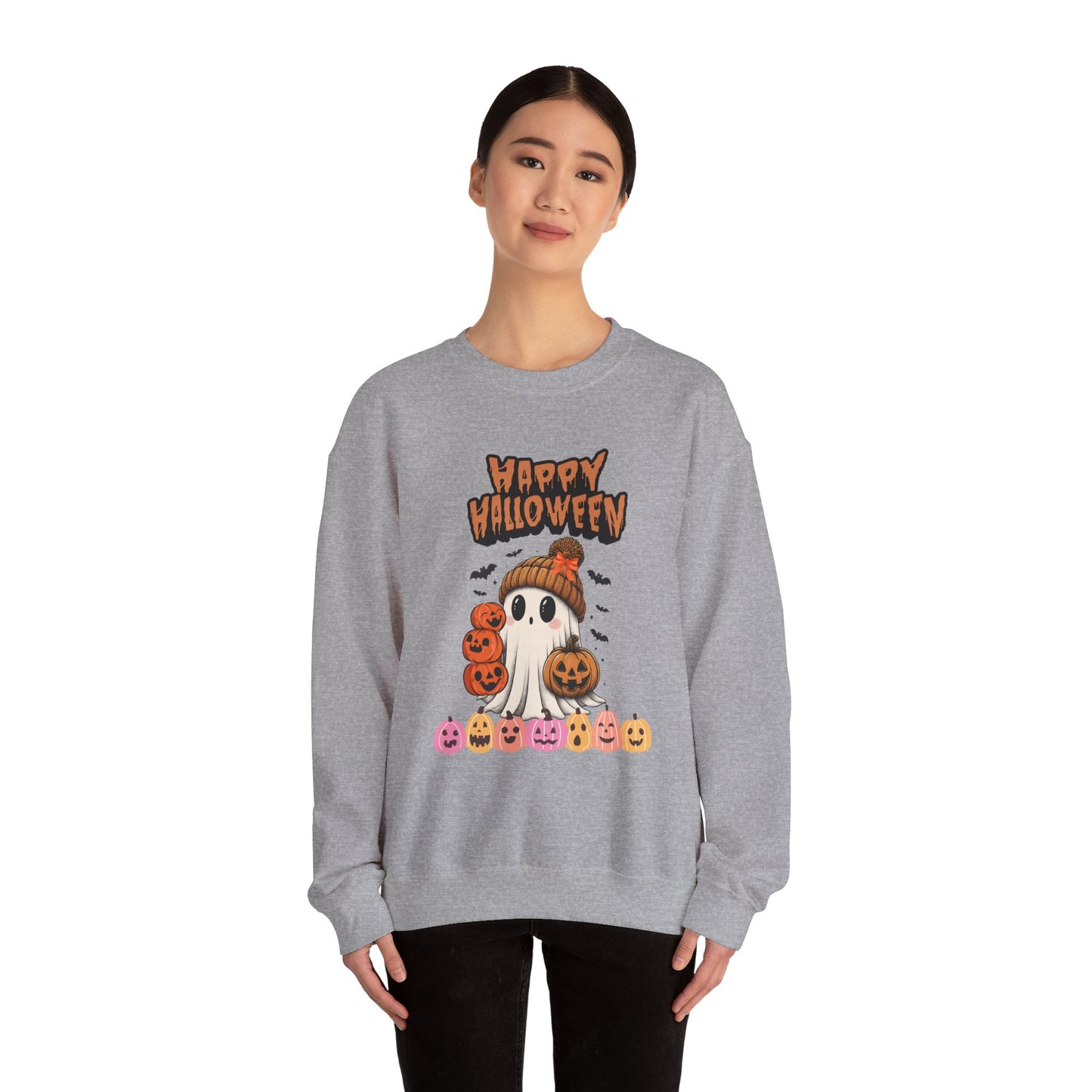 Cozy Halloween Sweatshirt, Unisex Crewneck with Ghost & Pumpkin Design, Fall Fashion, October Gifts, Spooky Season Apparel