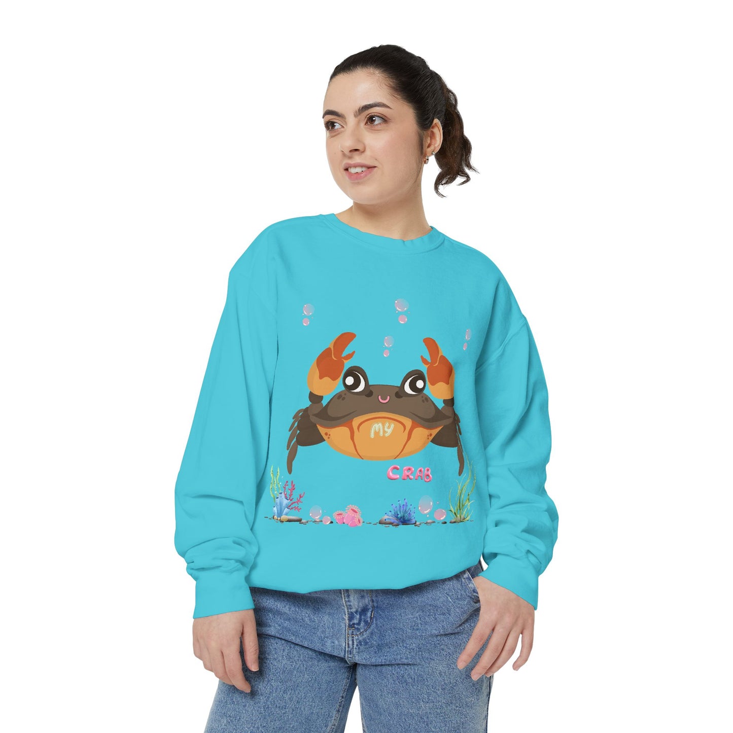 Crab with subtle bubbles and underwater flora Unisex Garment-Dyed Sweatshirt
