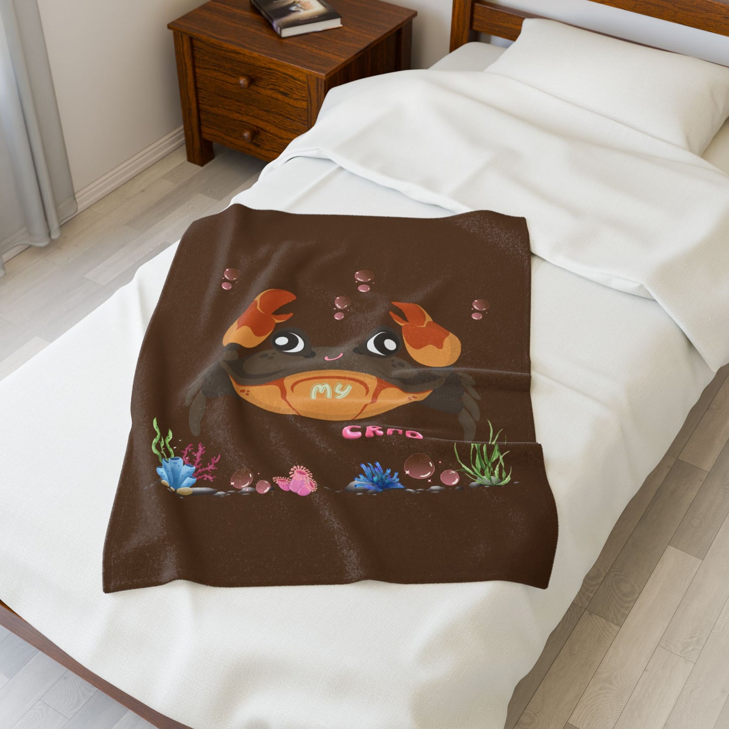 Crab with subtle bubbles and underwater flora Velveteen Plush Blanket