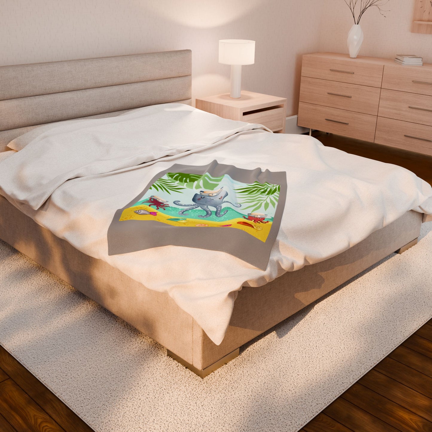 Octopus on a beach scene with tropical Velveteen Plush Blanket