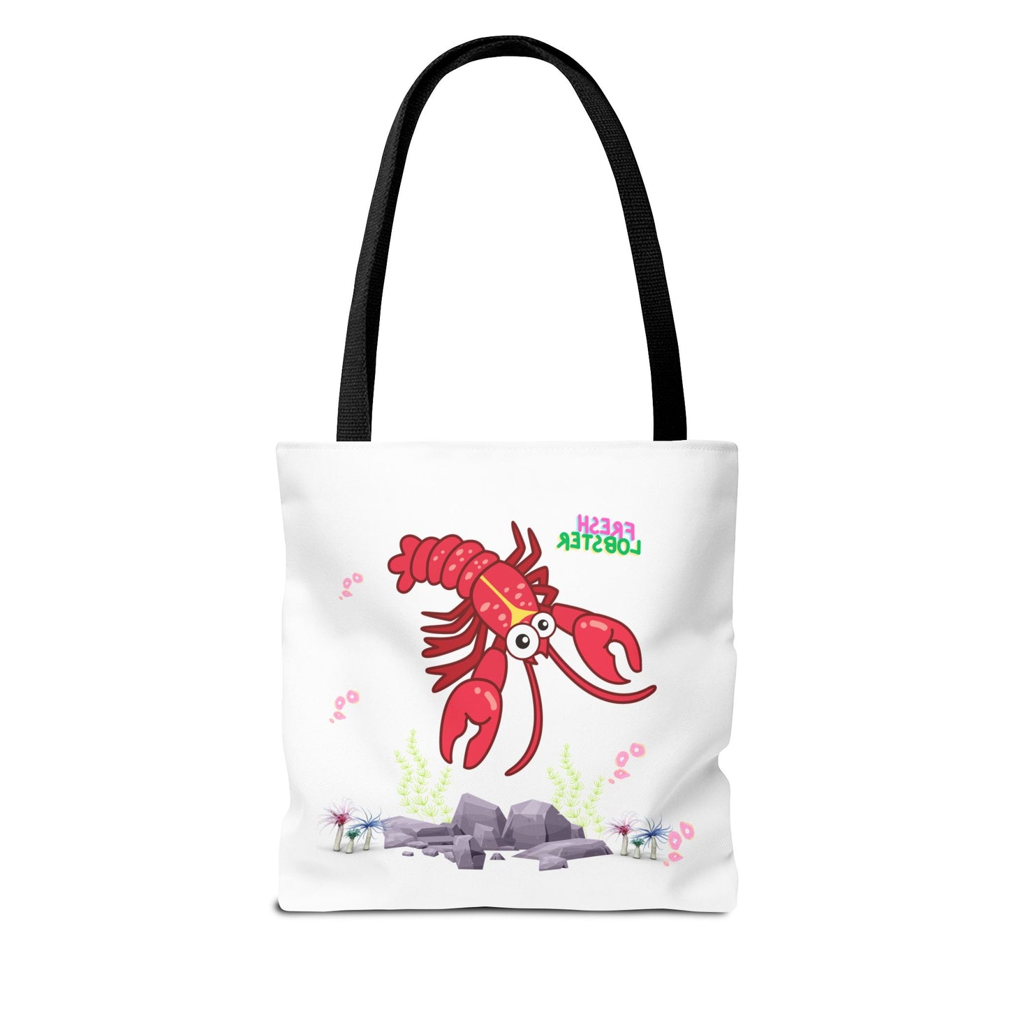 Friendly red lobster big eyes and yellow strip Tote Bag