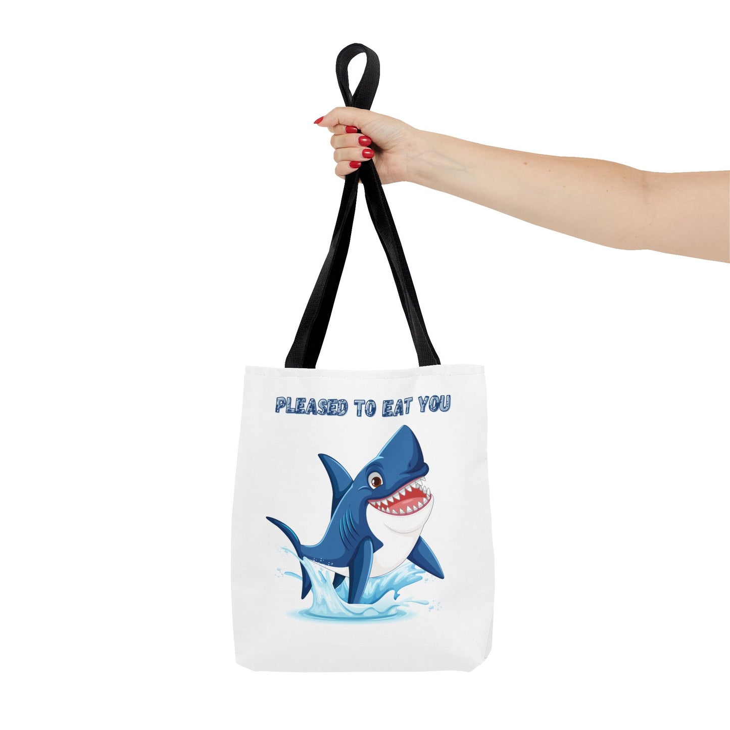 Humorous cartoon shark with threatening text Tote Bag