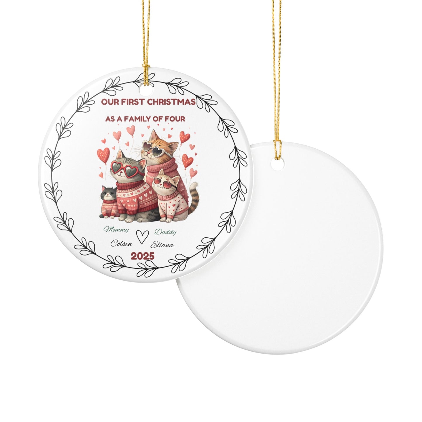 Cute Cat Family Christmas Ornament, Personalized Holiday Decoration, Family of Four Keepsake, Pet Lover Gift, Christmas Tree Decor