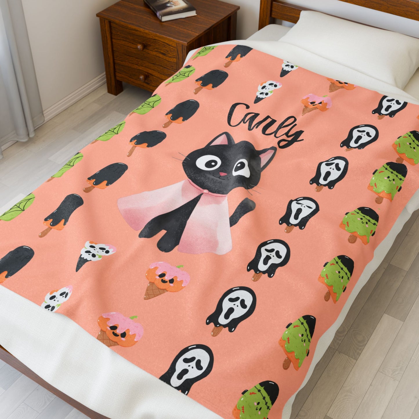 Adorable Personalized Cat Plush Blanket for Kids, Cozy Halloween Blanket, Cute Gift for Cat Lovers, Child's Room Decor, Fleece Throw