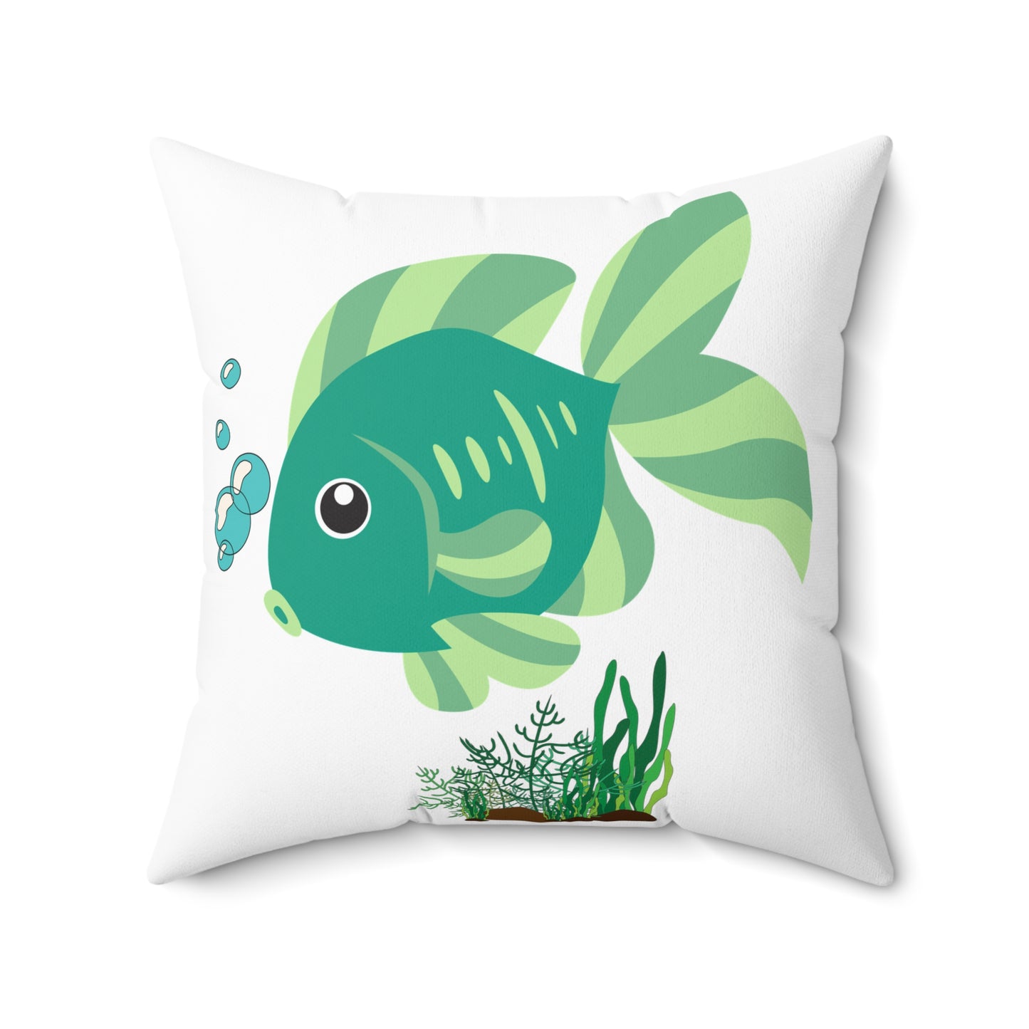 Green fish with bubbles and aquatic plants Spun Polyester Square Pillow