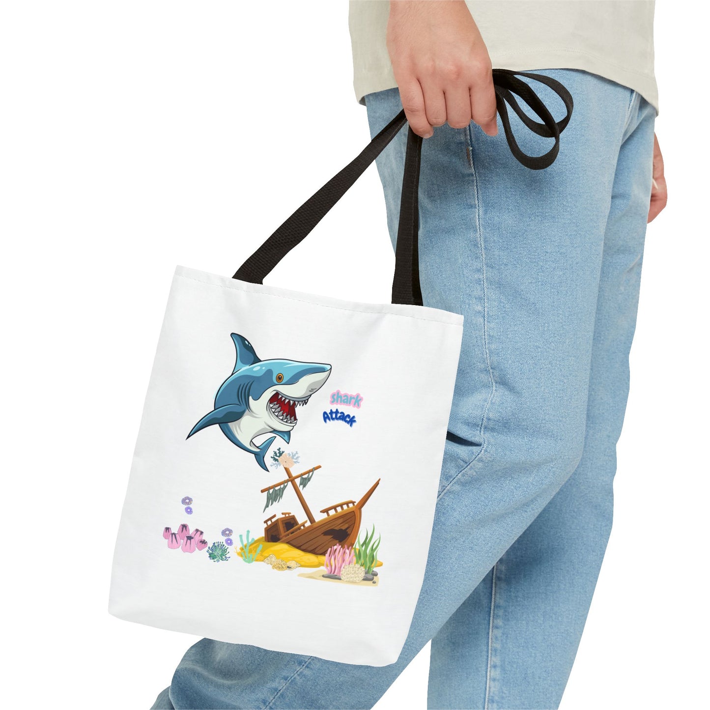 Shark ship colorful coral reef Tote Bag