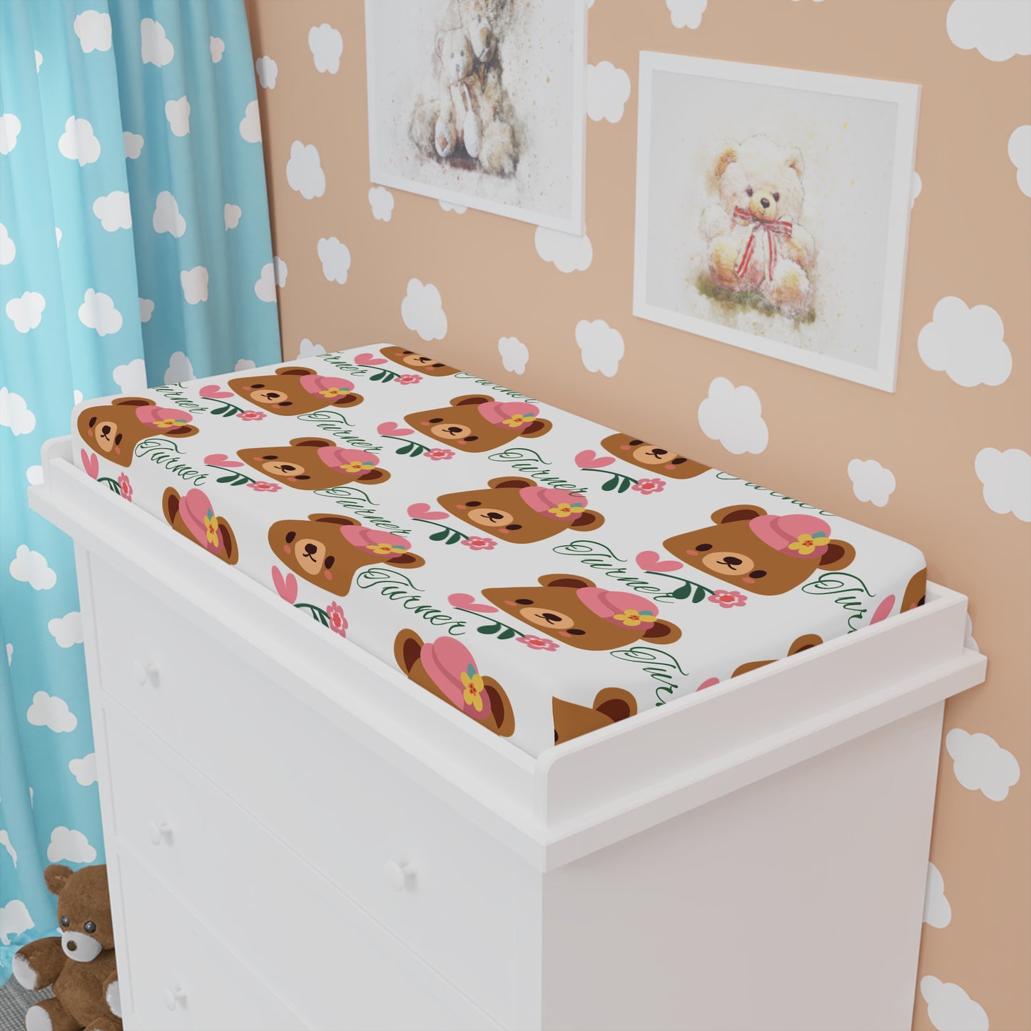 Bear Floral Baby Changing Pad Cover — Cute Pink Teddy Design for Nursery
