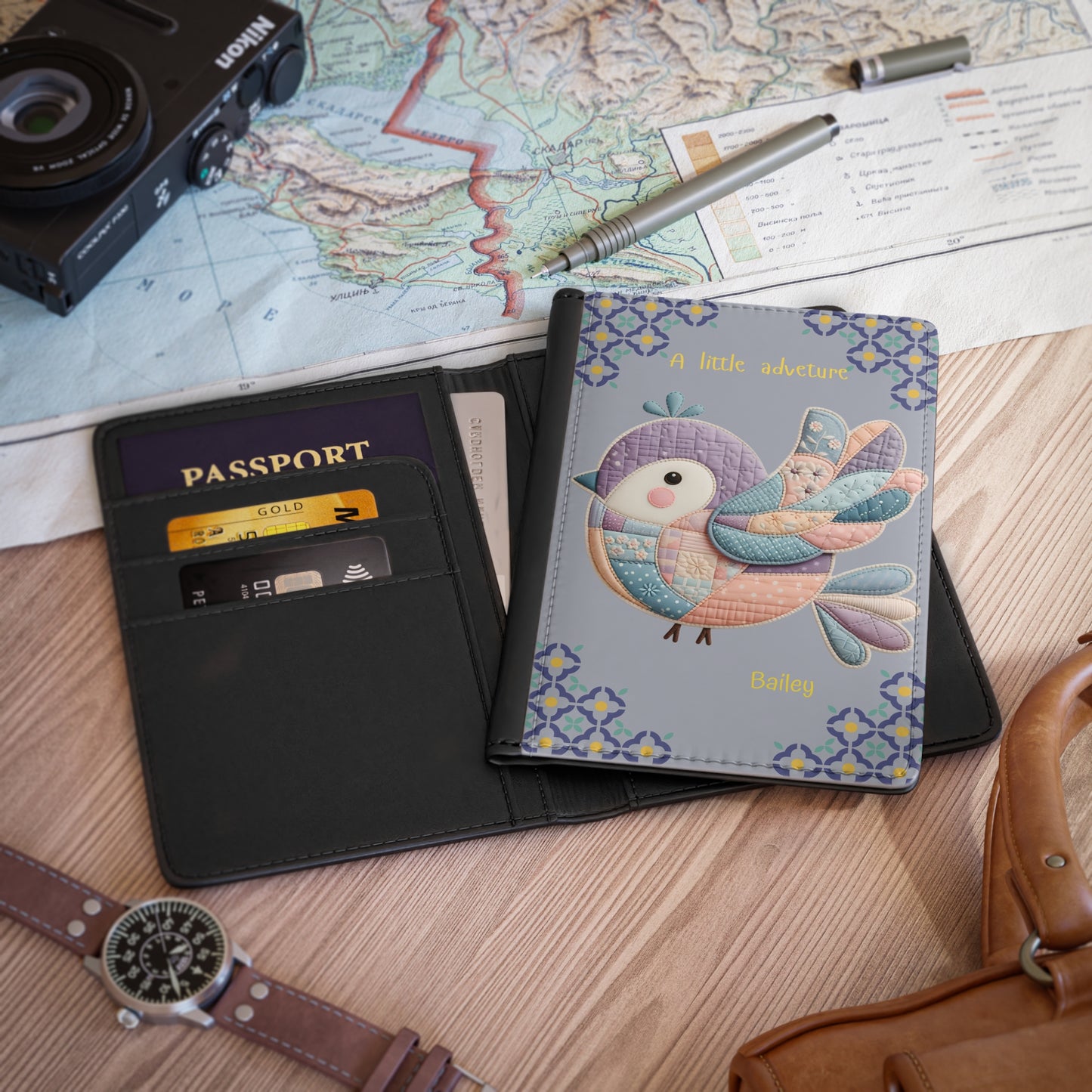 Quilted Bird Passport Cover — Personalized “A little adventure” Travel Passport Holder